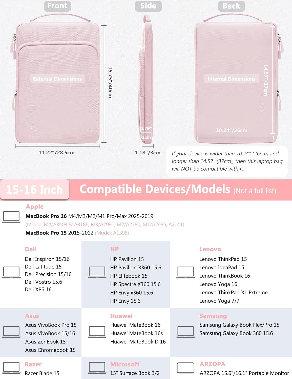 Pale Pink Laptop Sleeve for 15-16 Inch MacBook Pro 16 M4 M3 M2 M1, 2019-2026