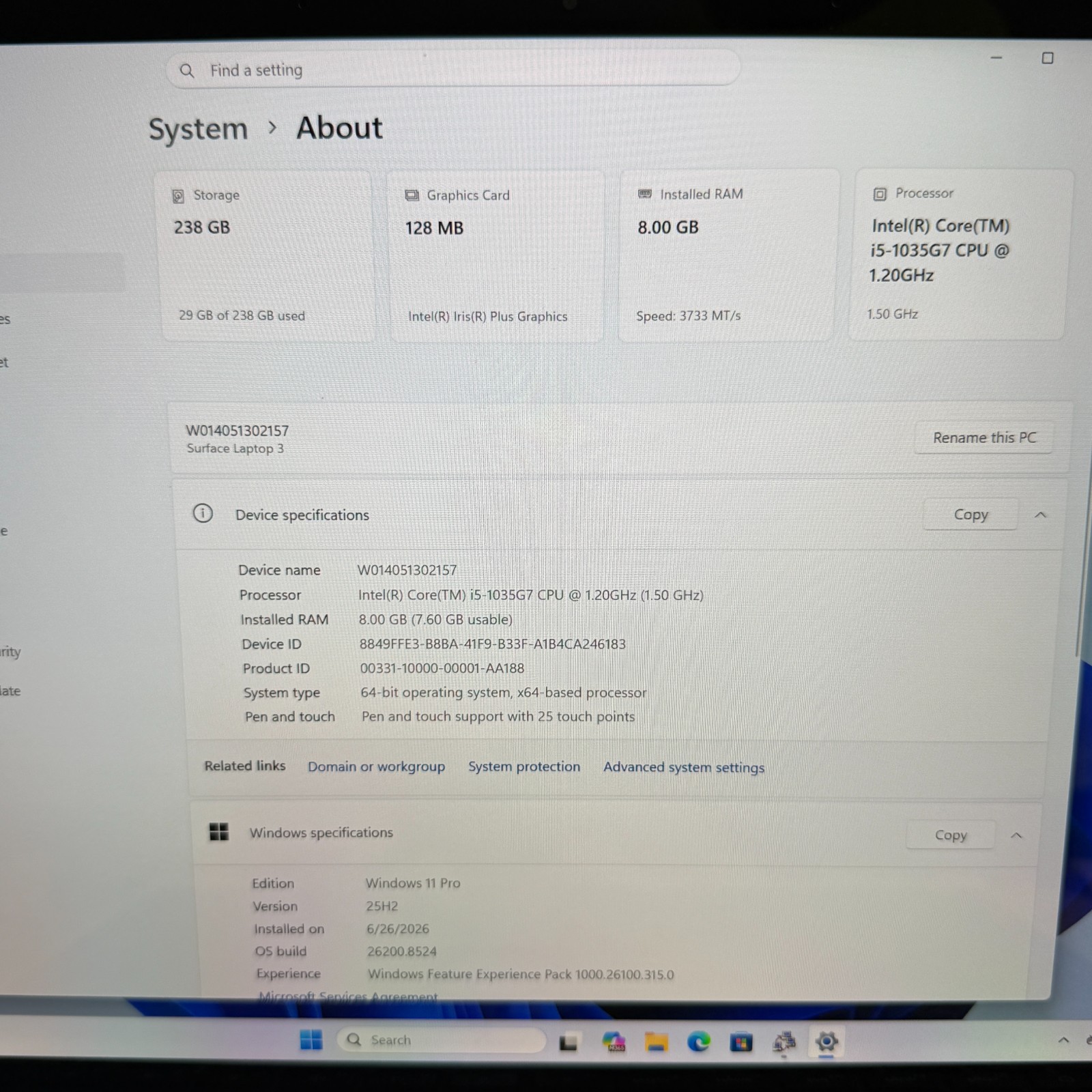 Microsoft Surface Laptop 3 1867 13.5″ i5-1035G7 8GB 256GB SSD Win11 Pro FAIR