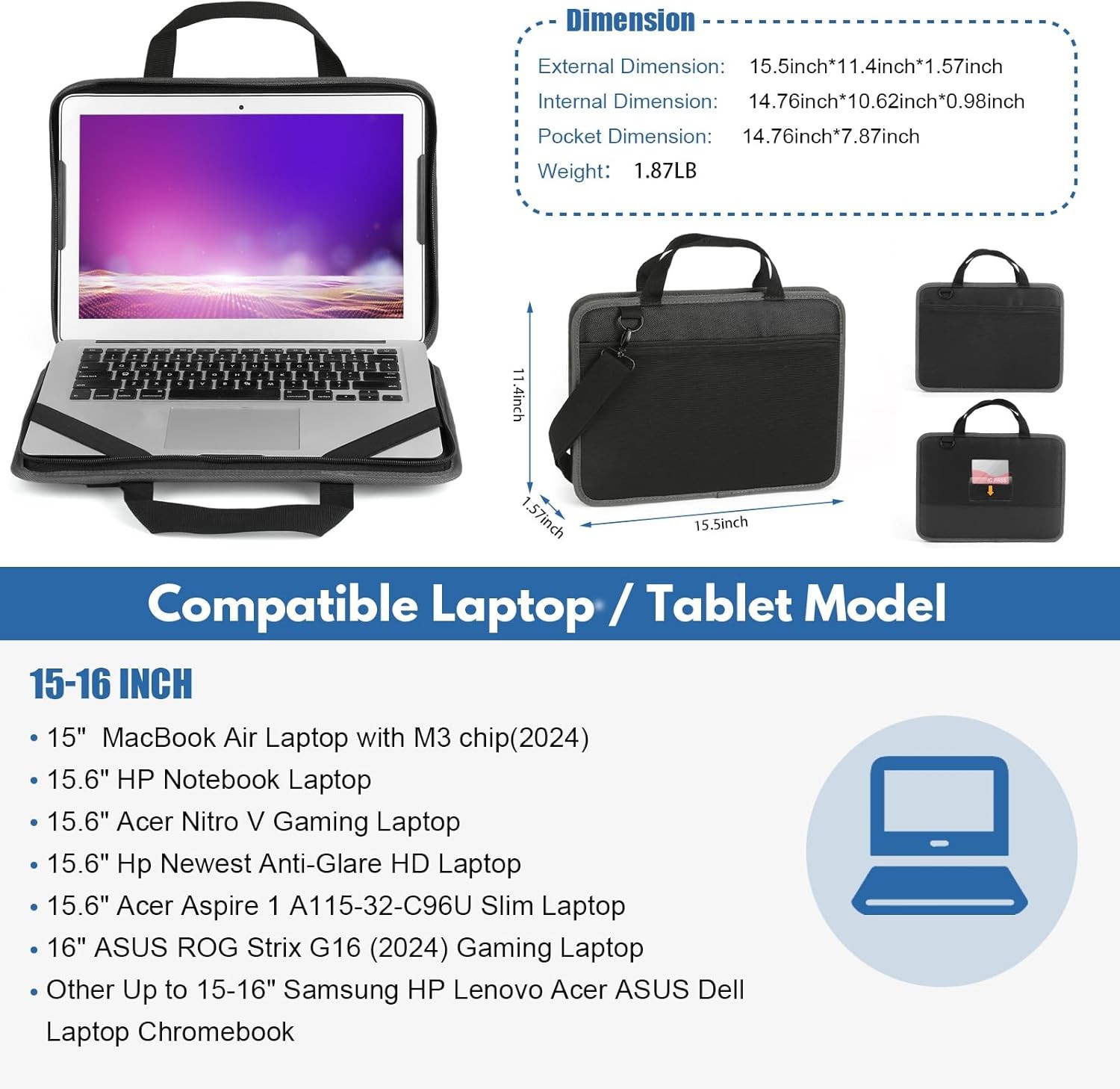Laptop Case Sleeve 15.6 inch, Shockproof Computer Cover for HP, ASUS, Dell, Leno