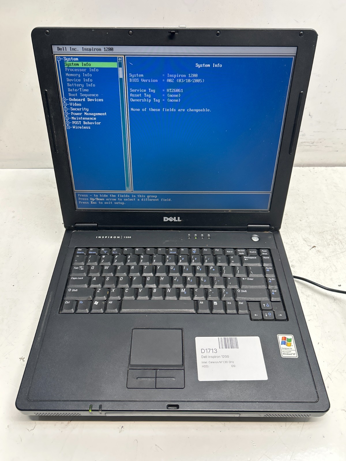 Dell Inspiron 1200 Intel Celeron M 1.30 GHz NO HDD