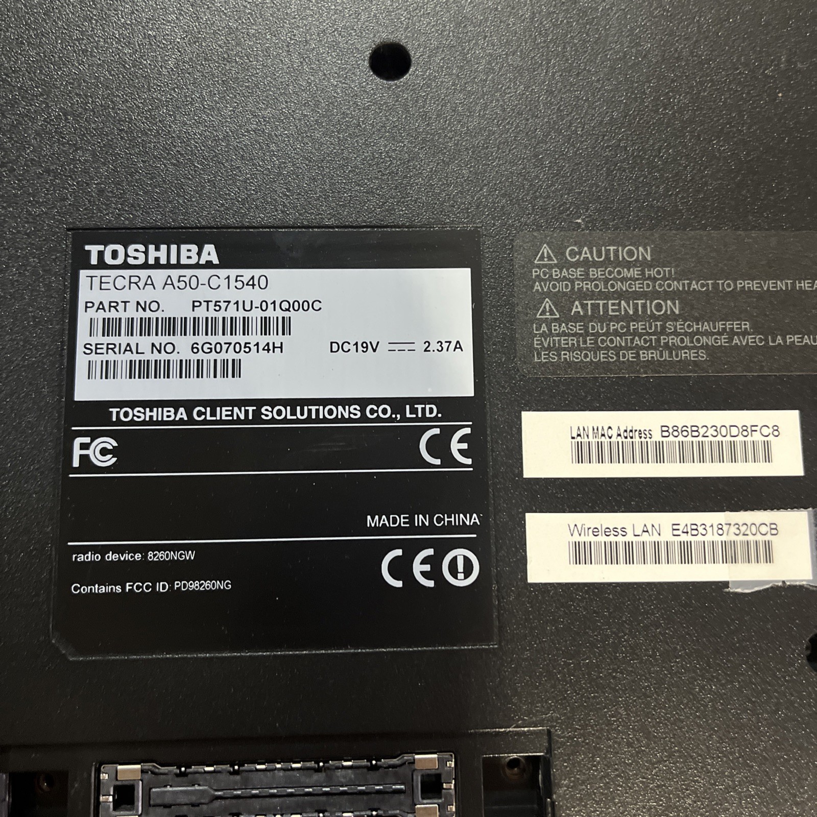 TOSHIBA TECRA A50-X1540 INTEL CORE I5 8GB RAM NO HD