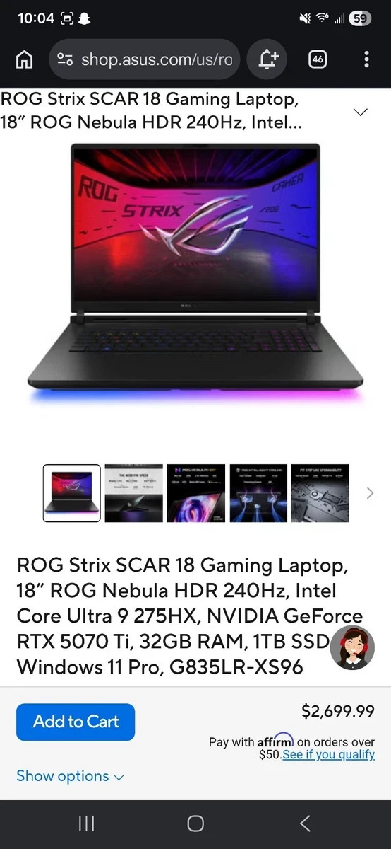 ASUS ROG Strix SCAR 18″ 2.5K 240Hz (Core Ultra 9 275HX, 32GB/1TB, RTX 5070 Ti)