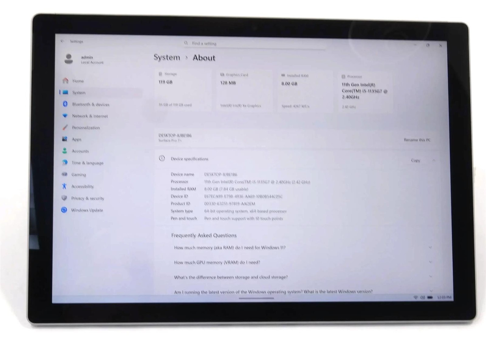 Microsoft Surface Pro 7 plus 1960 Core i5-1135G7 2.4GHz 8GB 128GB
