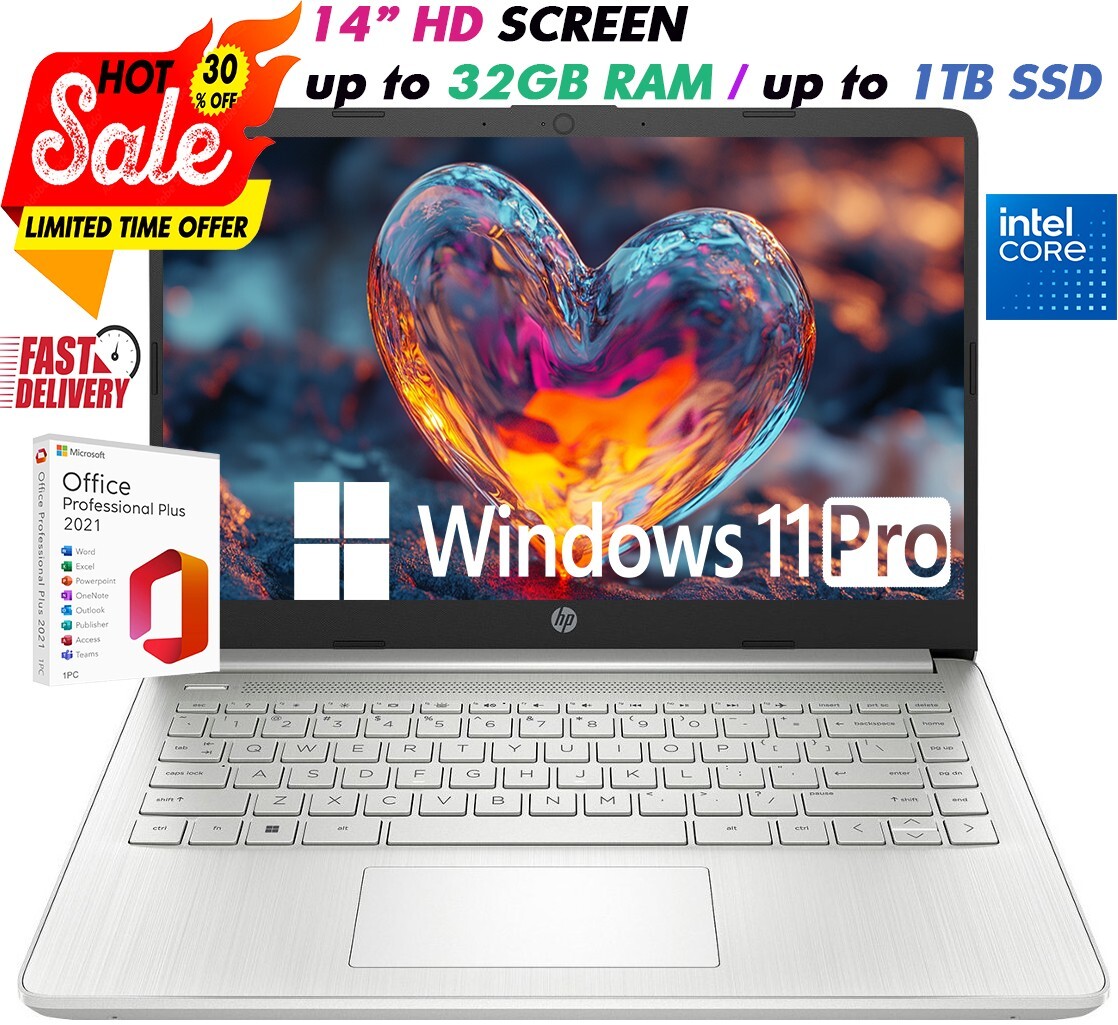 HP Slim Laptop 14″ 4-Core Intel Core Upto 32GB RAM& 1TB SSD, Win 11 PRO+OFFICE