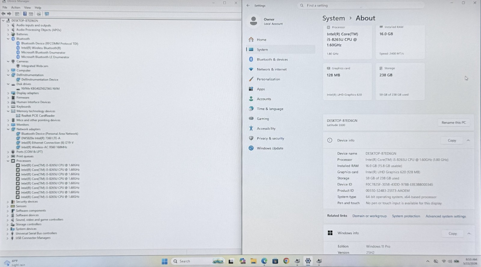 Dell Latitude 5500 15.6″ FHD i5 8265U 1.6 GHz 16Gb Ram 256 GB NVMe Win11 Pro