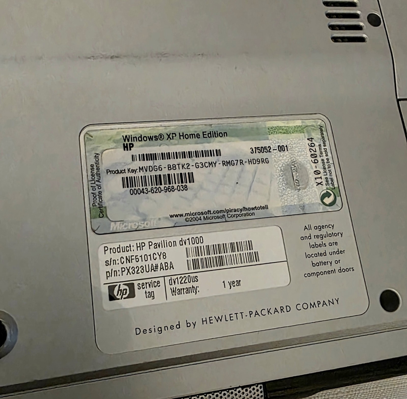 HP Pavilion DV1000 Widescreen Laptop Windows XP No charger Not Tested for parts