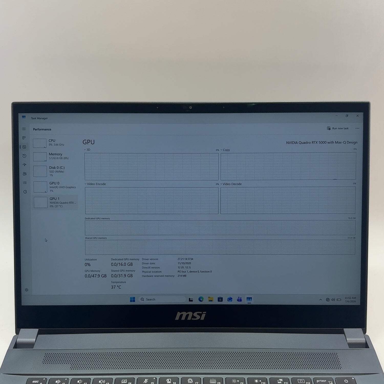 MSI Workstation WS66 15.6″ i9-10980HK 3.1GHz 64GB 500GB Quadro RTX 5000 Max-Q
