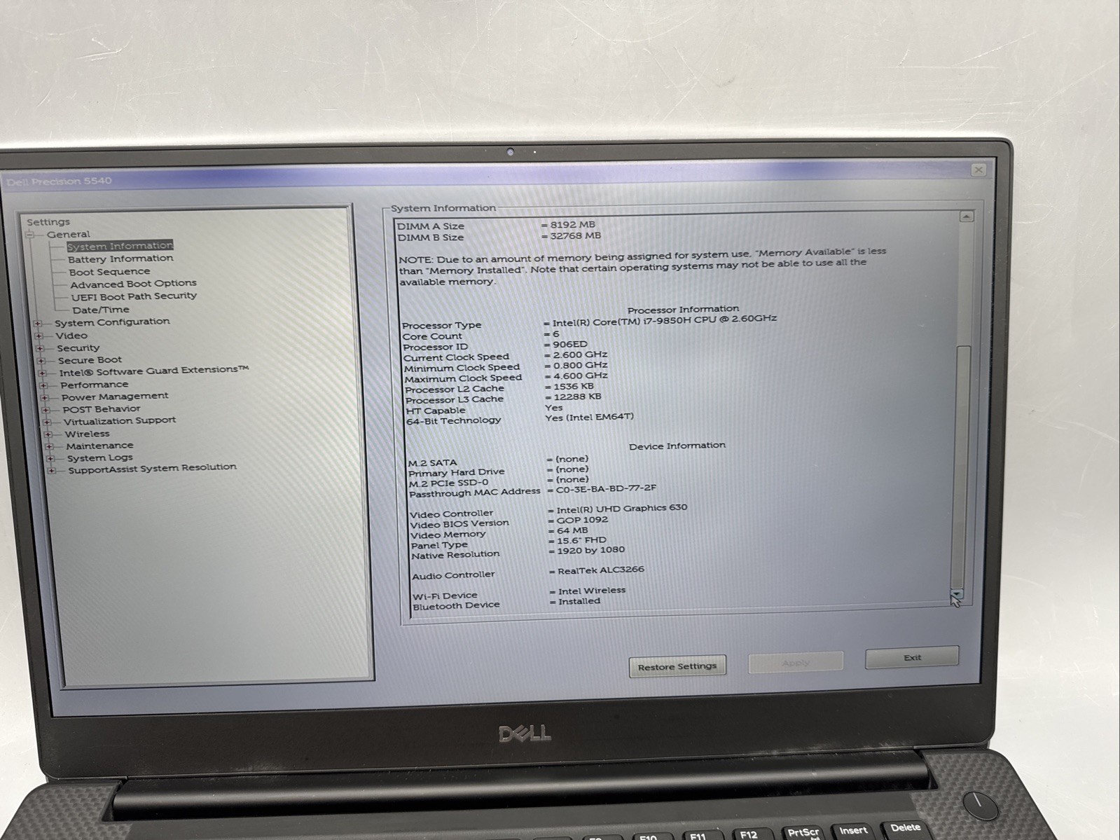 Dell Precision 5540 15.6″ i7-9850H 2.6GHz 40 GB RAM, NO HDD/Os
