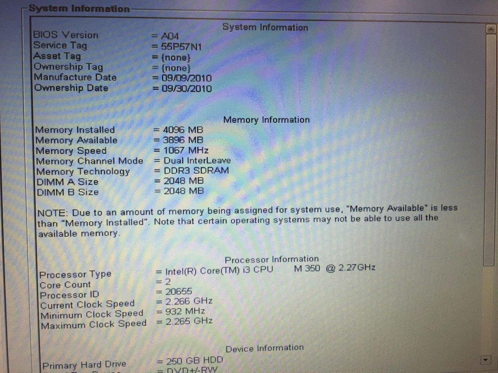 Dell Latitude E5410 14″ Core i3 350 2.27GHz 4GB RAM 250GB HDD NO OS Good