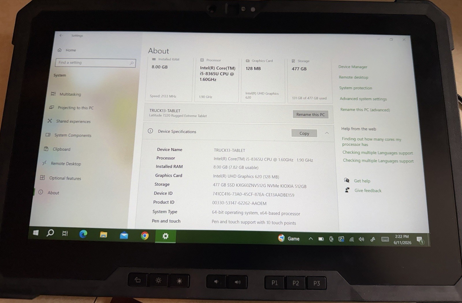 Mint Dell Latitude 7220 Rugged Extreme Tablet 11.6″ i5 8365U 8GB RAM 500 GB