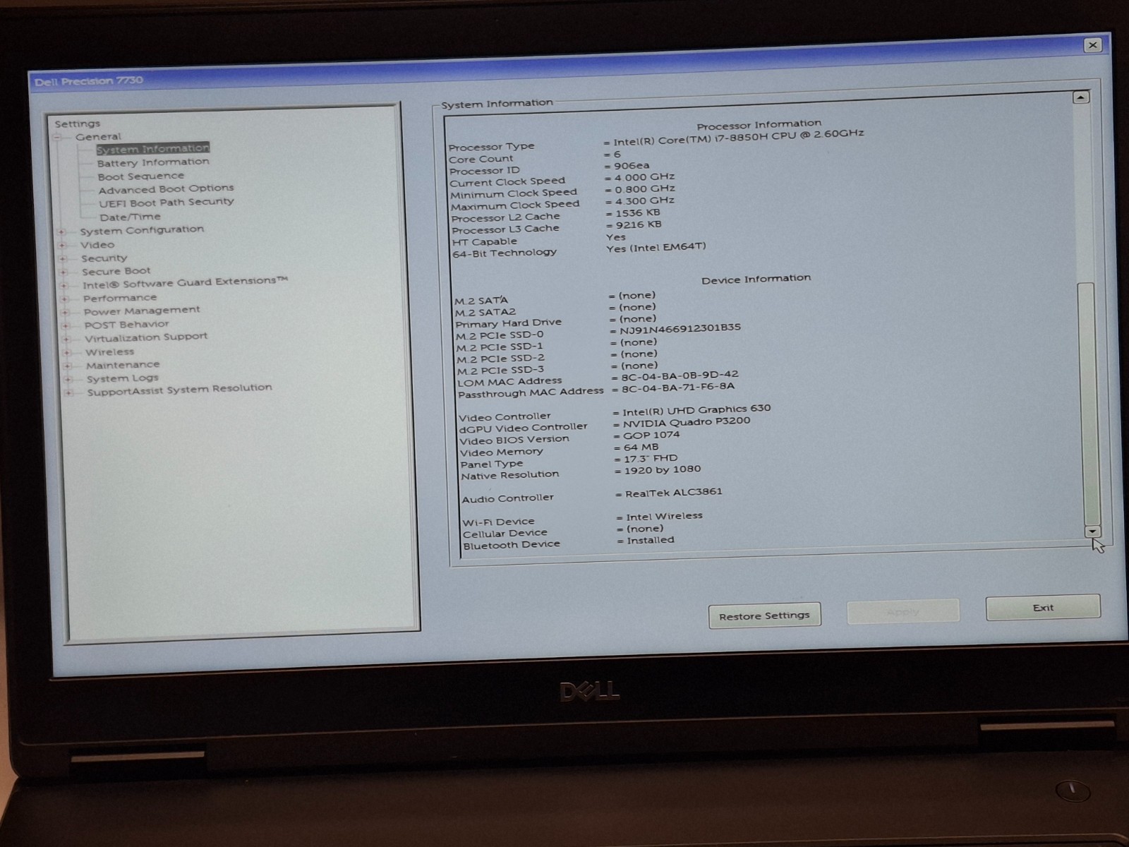 Dell Precision 7730 17.3″ FHD i7-8850H 32GB DDR4 256GB SSD Quadro P3200 Win11P