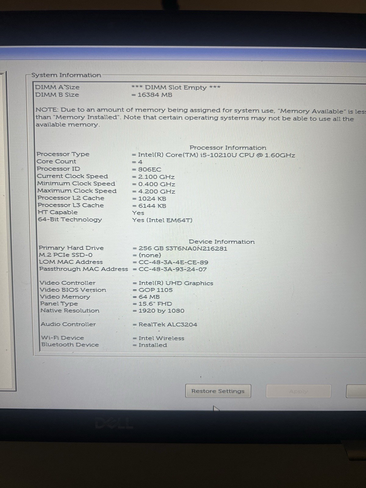 Dell Precision 3550 Intel i5-10210U @ 1.60GHz 16GB Ram 256GB SSD Win 11 Pro