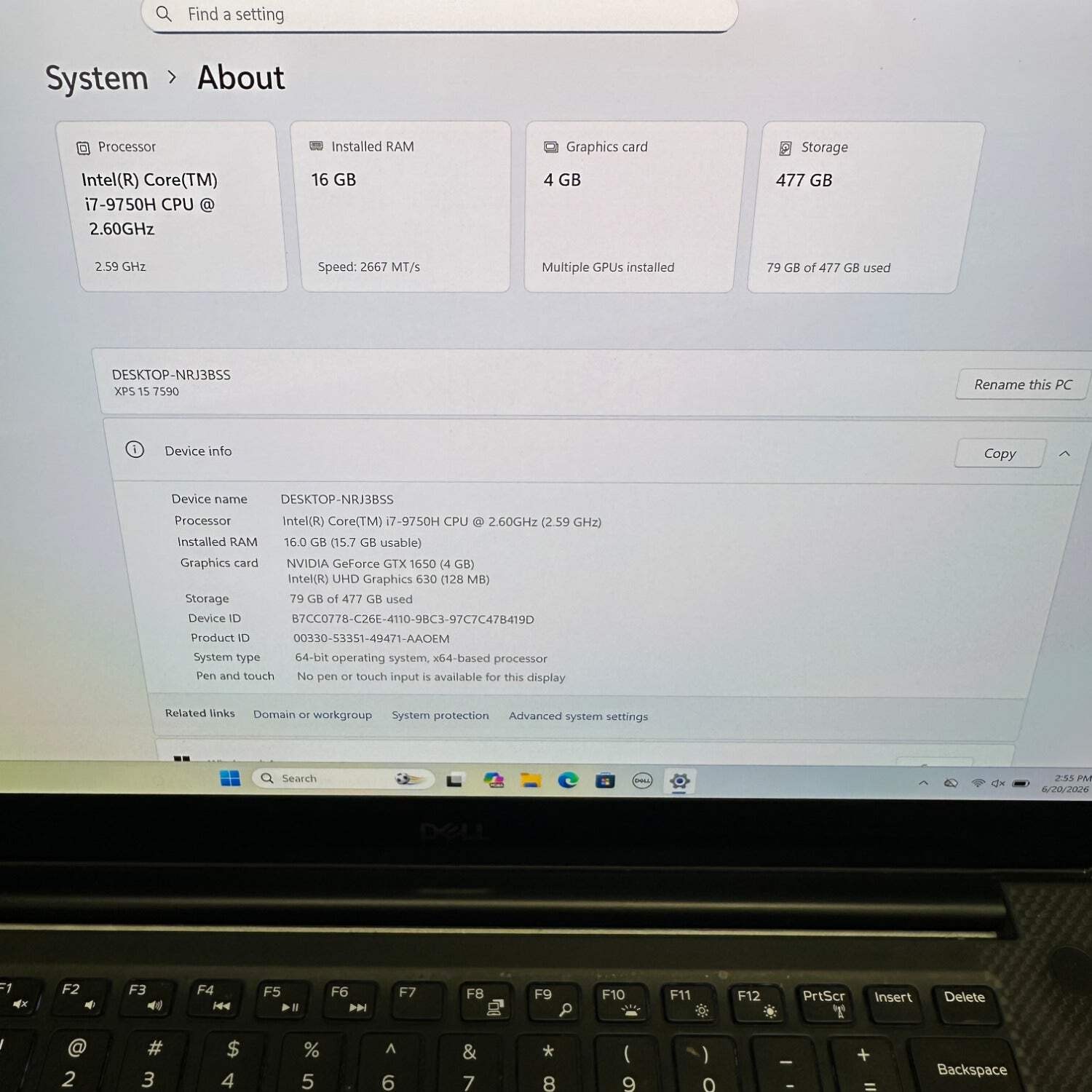 Dell XPS 14 7590 15.6″ i7-9750H 2.6GHz 16GB RAM 512GB SSD GeForce GTX 1650