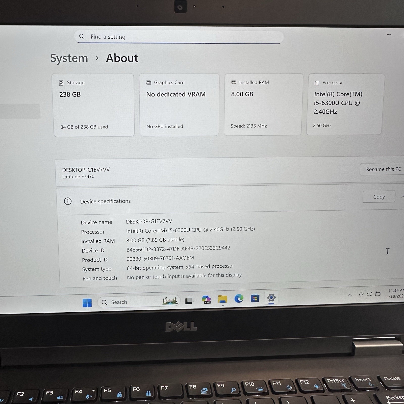 Dell Latitude E7470 I5-6300U 2.4GHz, 8GB RAM, 256GB NVme, 1920×1080