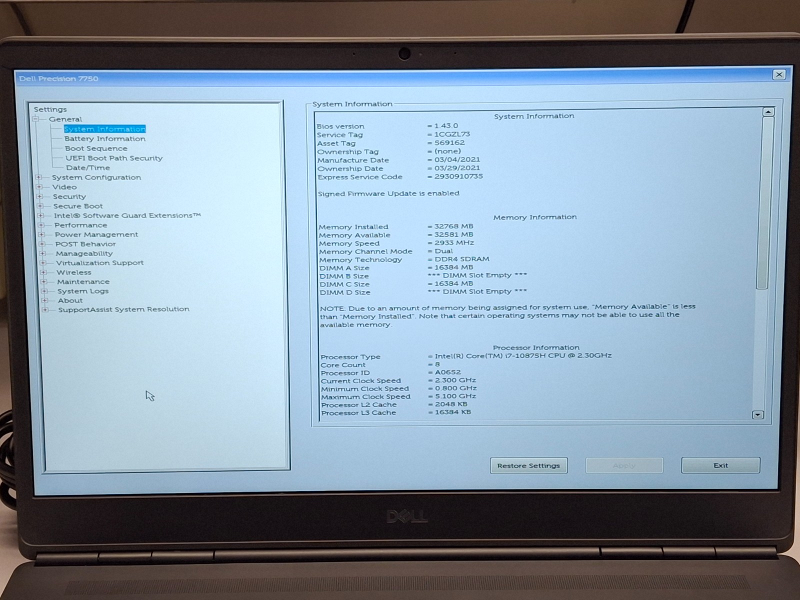 Dell Precision 7750 8-Core I7- 10875H 32GB RAM 512GB SSD 17.3″ FHD RTX4000