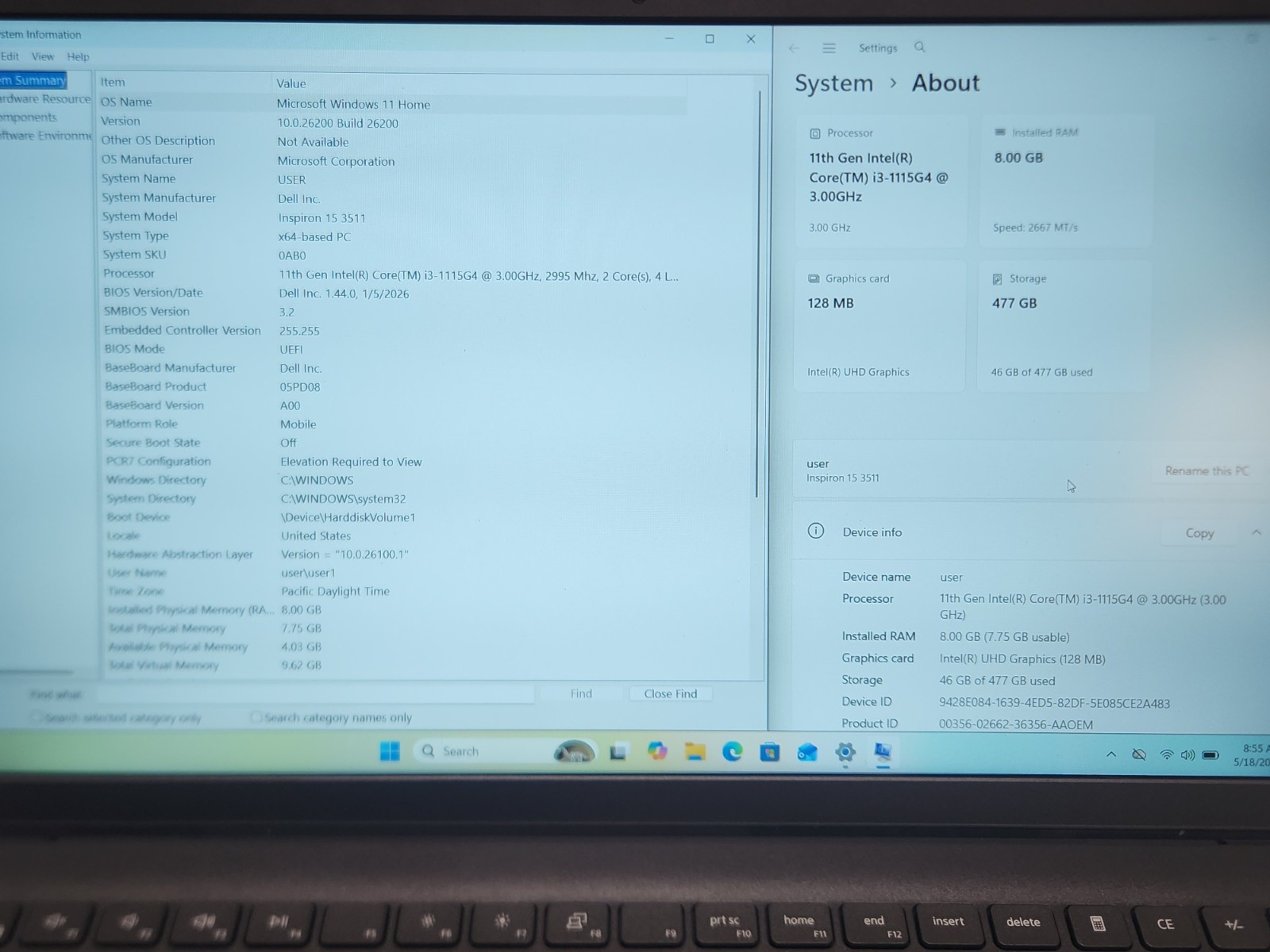 Dell Inspiron 15 3511 i3-1115G4 3.00GHz 8GB RAM 256GB NVMe WIN11 Home