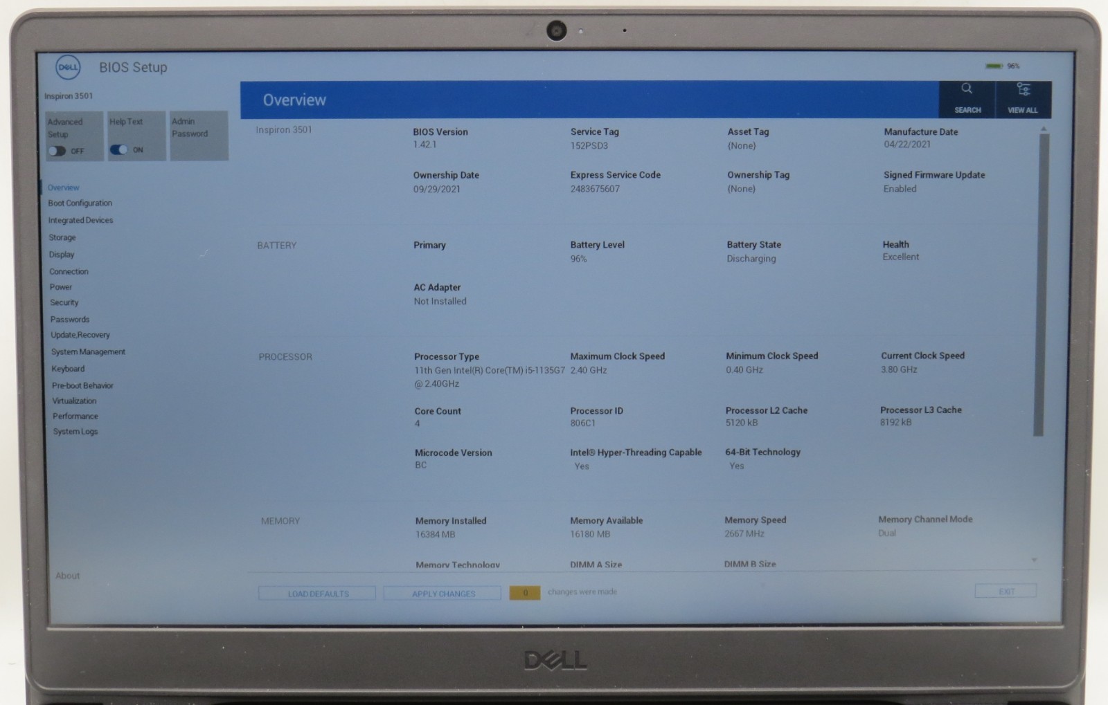 Dell Inspiron 3501 i5-1135G7 @2.42 16GB DDR4 RAM 1TB SSD Win 11 Pro w/AC