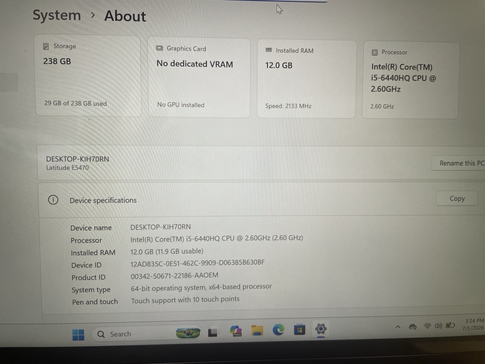 Dell Latitude E5470 256gb SSD Win 11 i5-6440 HQ 4 Core 2.60ghz 12gb RAM Touc