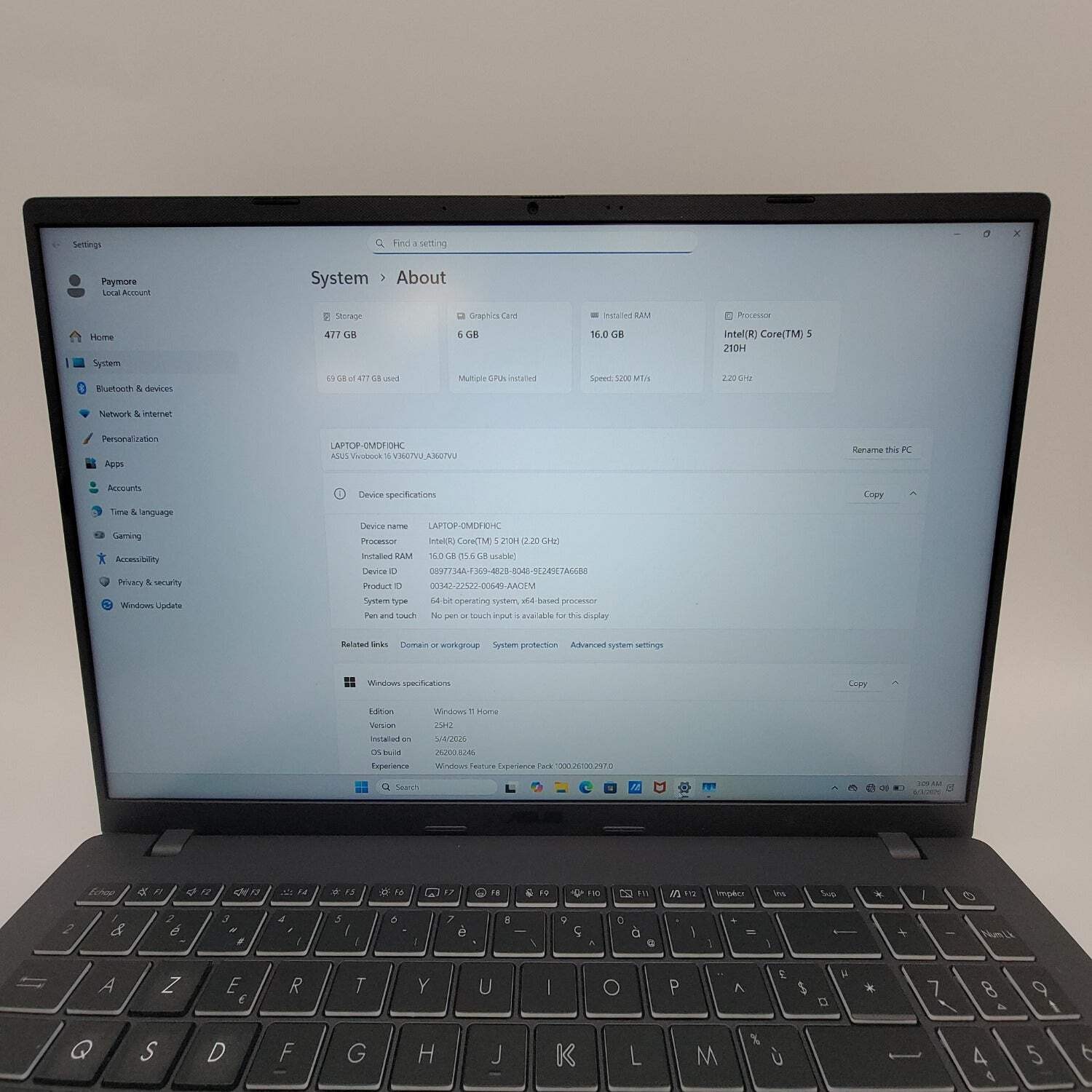Asus A3607V 16″ Core 5 210H 3.6GHz 16GB RAM 512GB SSD GeForce RTX 4050