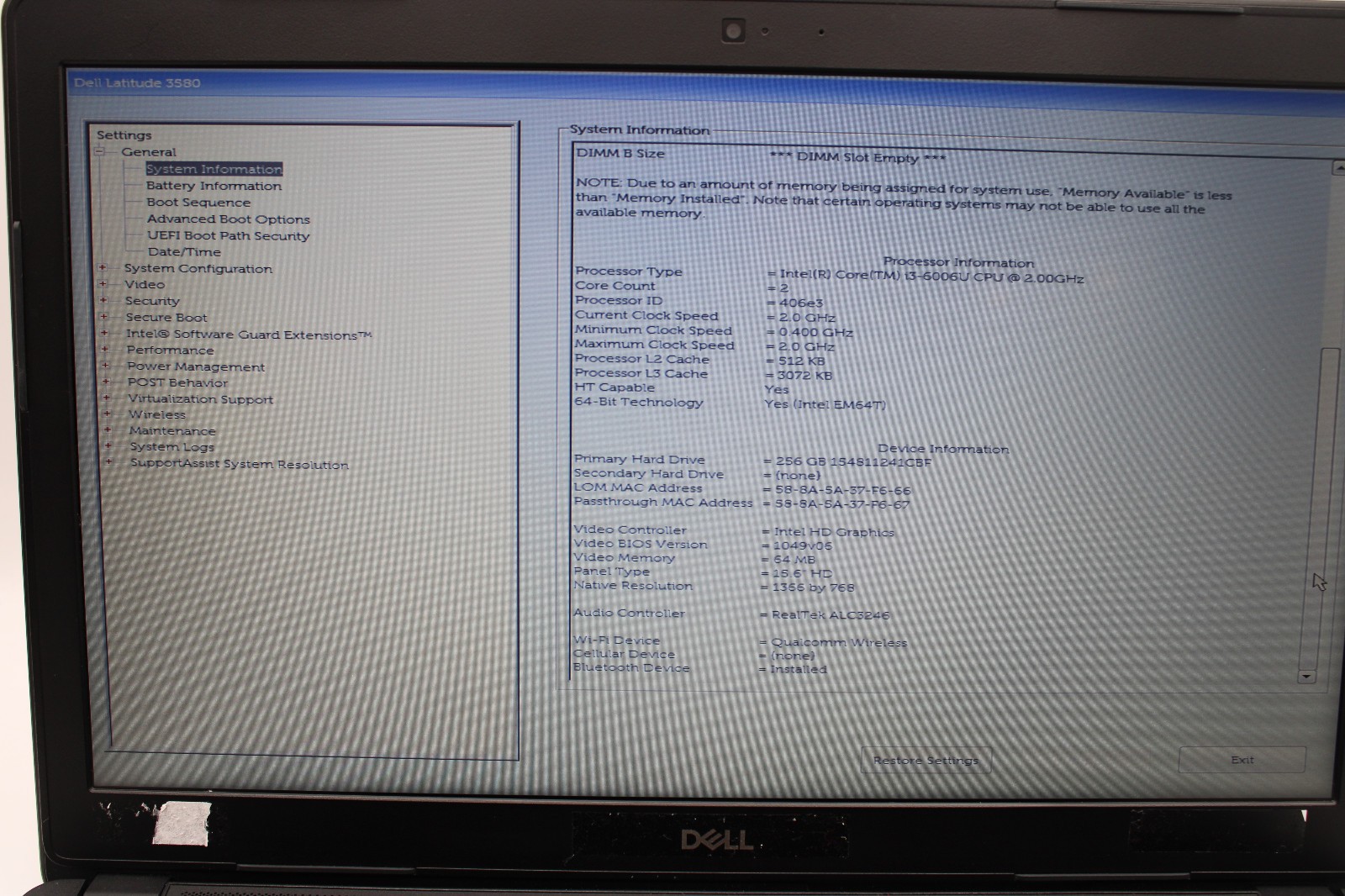 Dell Latitude 3580 _ i3-6006U _ 4GB RAM _ 256GB SSD _ No OS