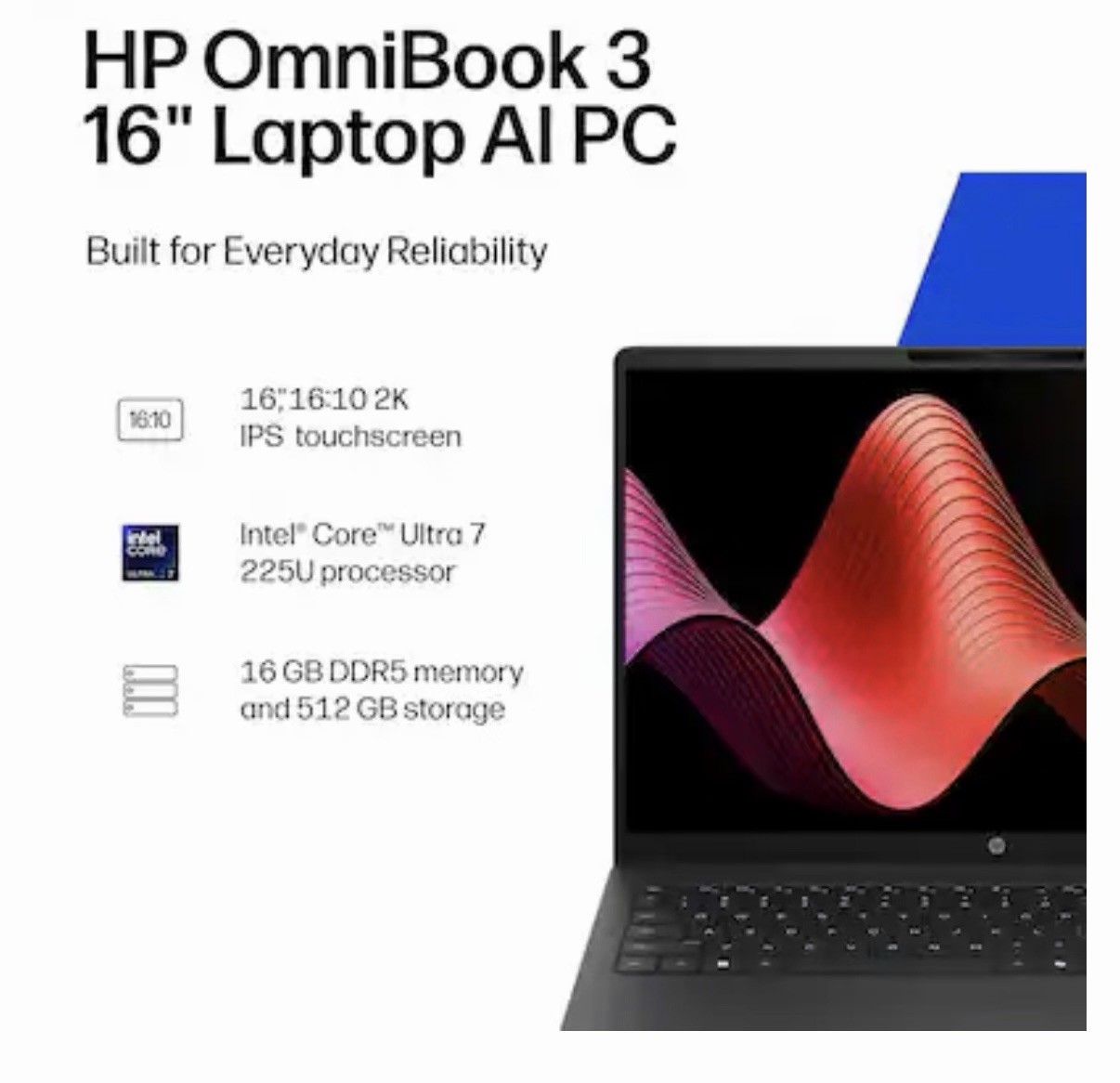 HP OmniBook 3 16″ 2K Touchscreen Laptop Intel Core Ultra 7 / 16GB / 512 SSD New