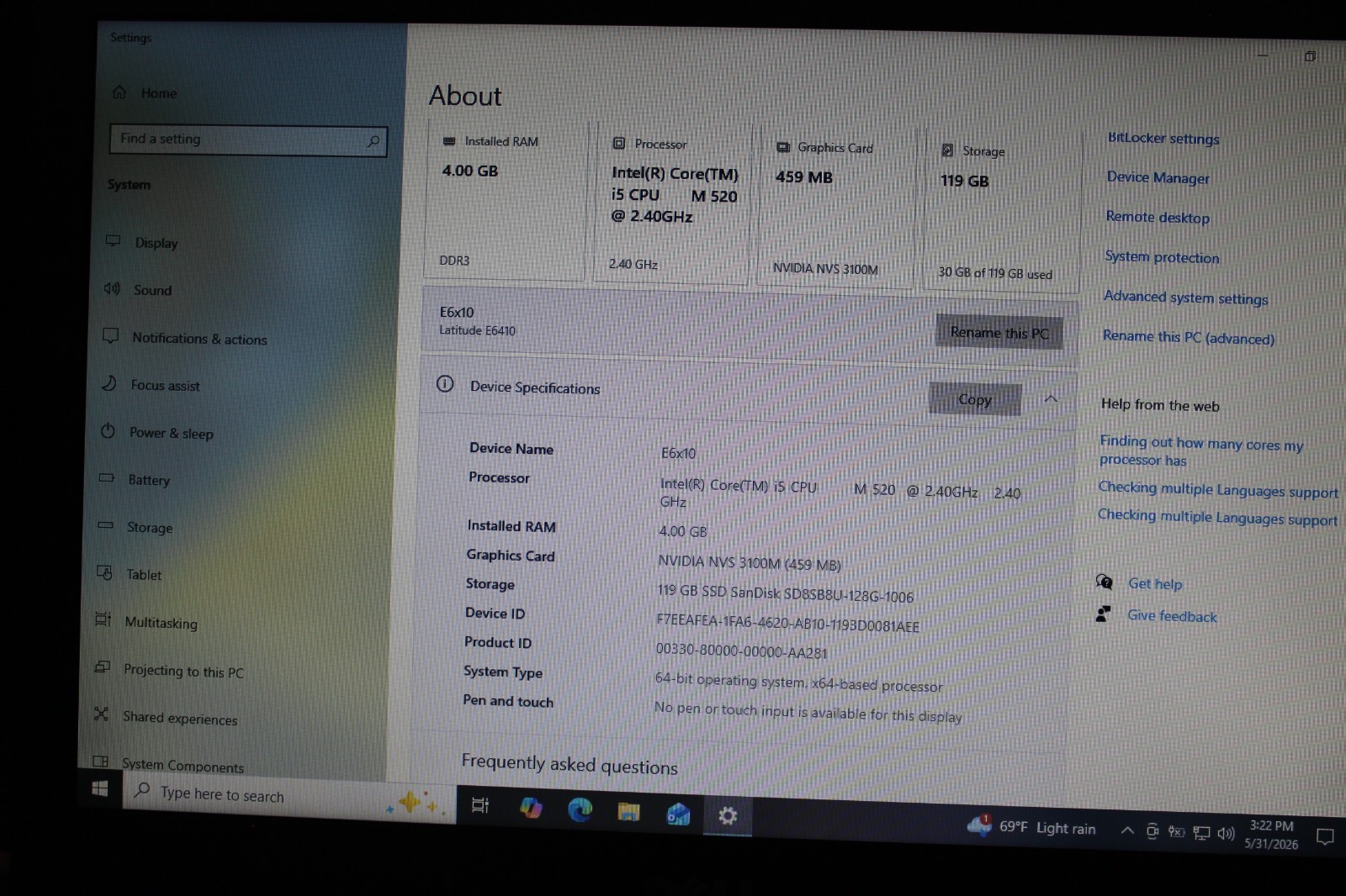 Dell E6410 (2.53GHz/4GB/128GB SSD/DVDRW) WXGA Windows 7 PRO or 10 PRO 64-Bit