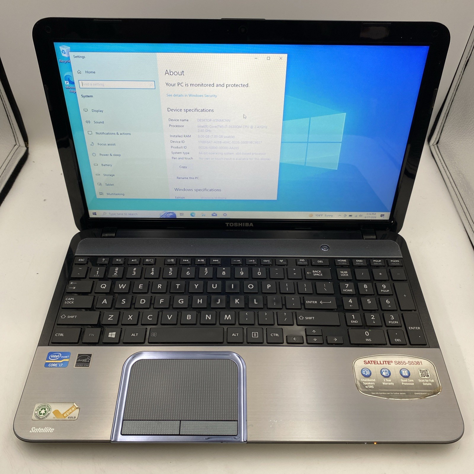 Toshiba Satellite S855 15.6″ Intel i7-3630QM @ 2.4GHz 8GB RAM 1TB W10H