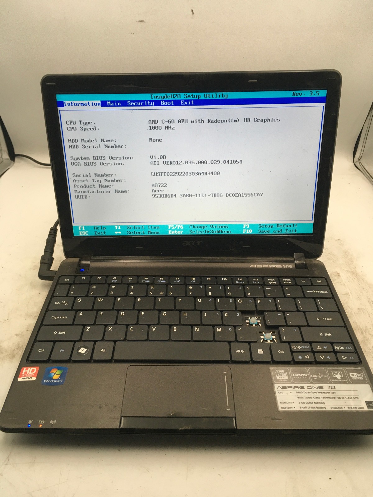 ACER ASPIRE ONE 722 – LOT OF 3 – BOOTS TO BIOS – AMD C60 – NO RAM -READ DESC- BB