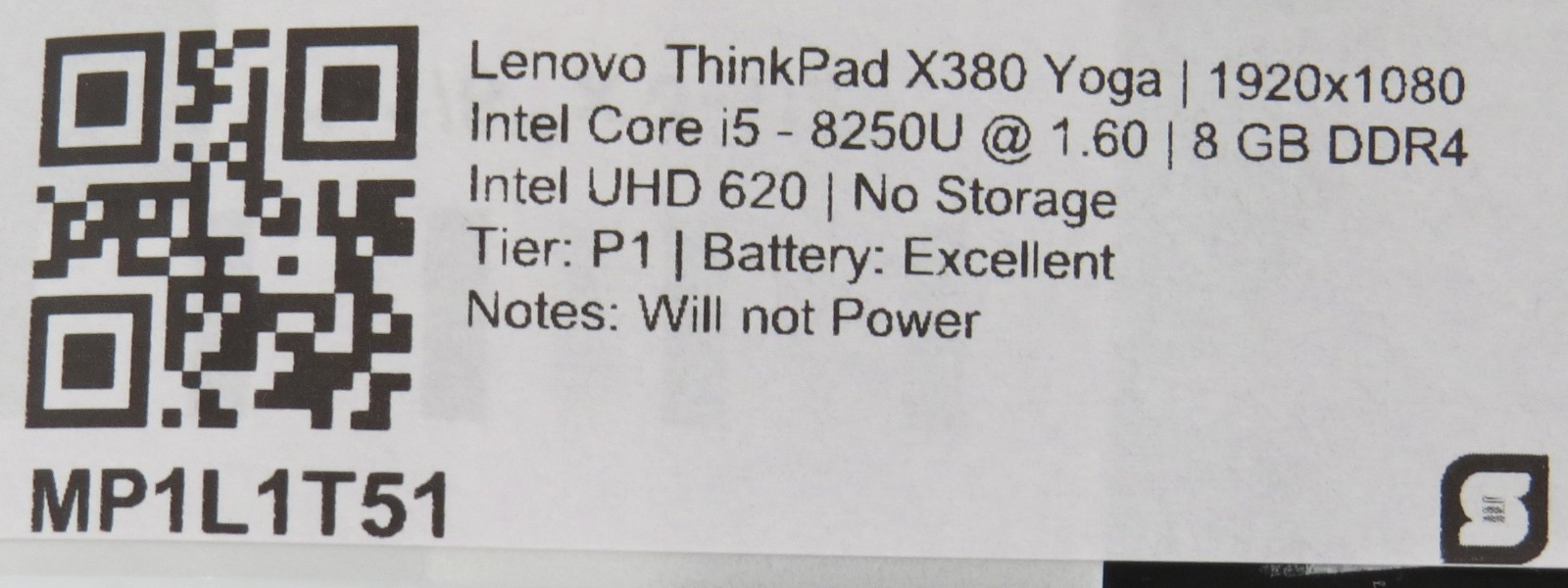 Lenovo ThinkPad X380 Yoga i5-8250U @ 1.8GHz 8GB DDR4 13″ Touch No HDD/OS/Battery