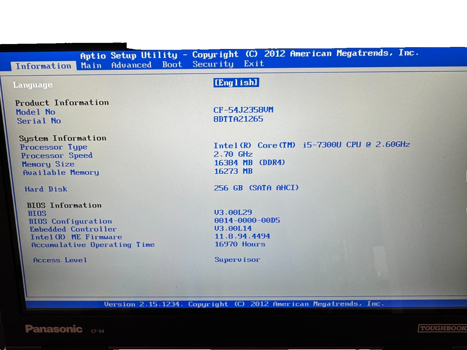 Panasonic ToughBook CF-54 MK3 Touch, i5-7300U 2.60GHz 16GB 256GB SSD Win 11 Pro