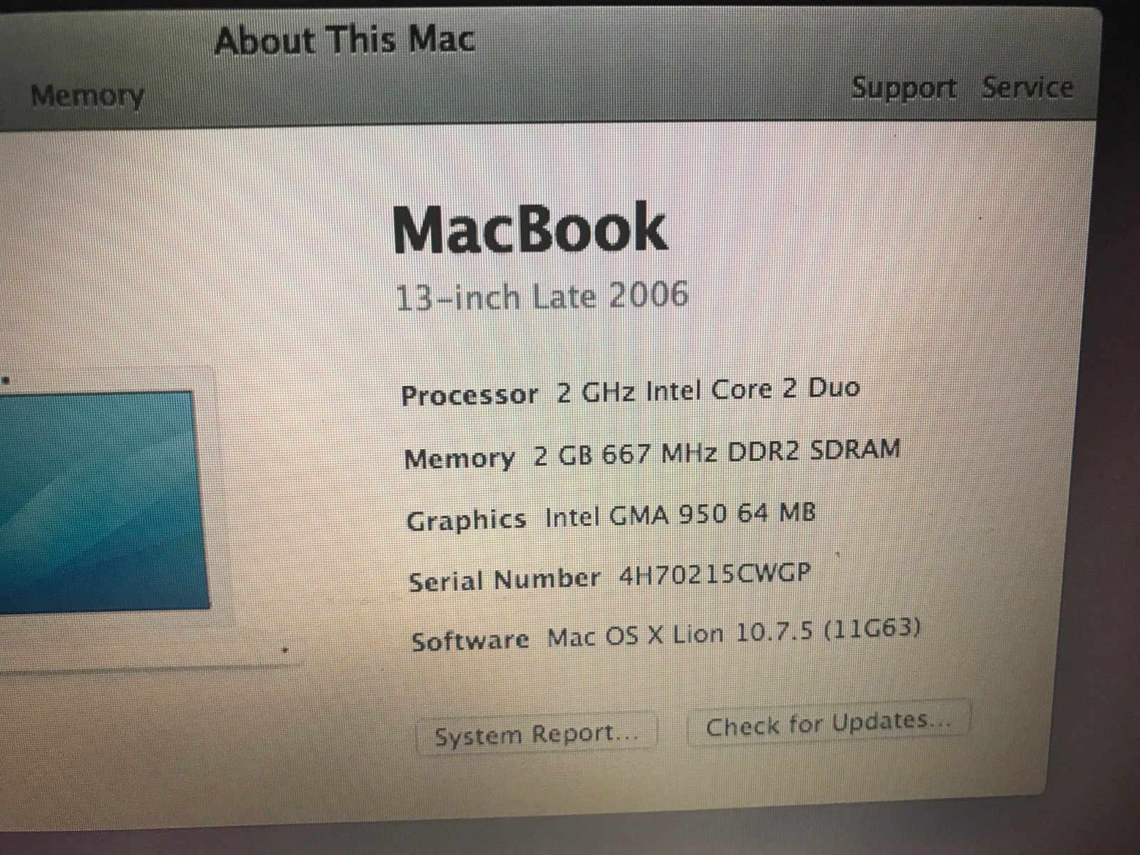 Apple MacBook A1181 2.0 GHz 2GB RAM 80 GB HDD OSx 10.7. No Charger Or Battery