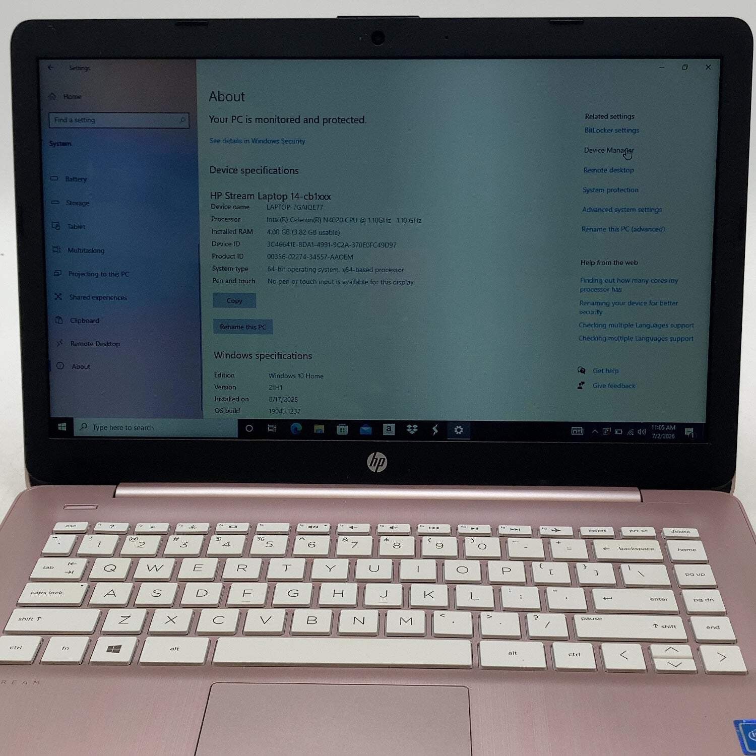 HP Stream 14-CB118DS 14″ Celeron N4020 1.1GHz 4GB RAM 64GB SSD