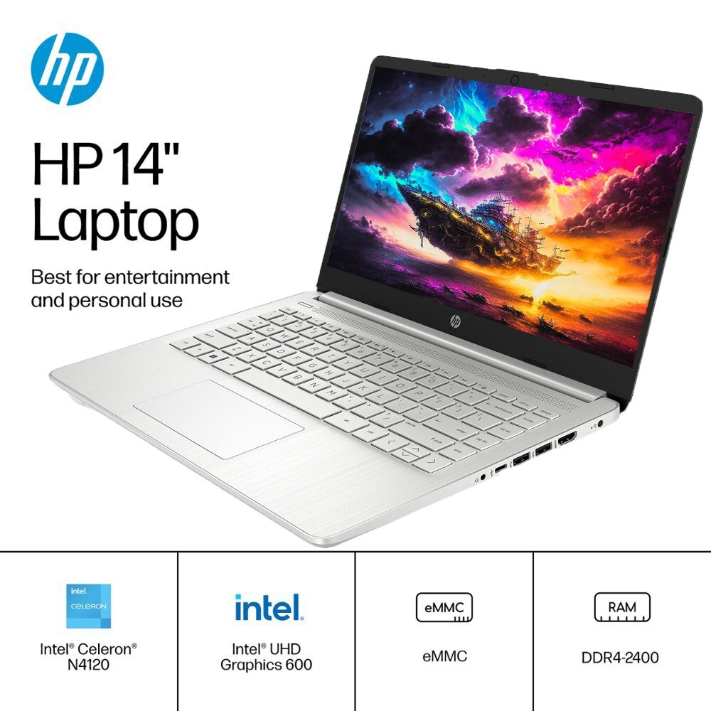 HP 2024 Newest Laptop 14″HD Intel 4-Core Up to 16GB RAM & 384GB Storage Silver