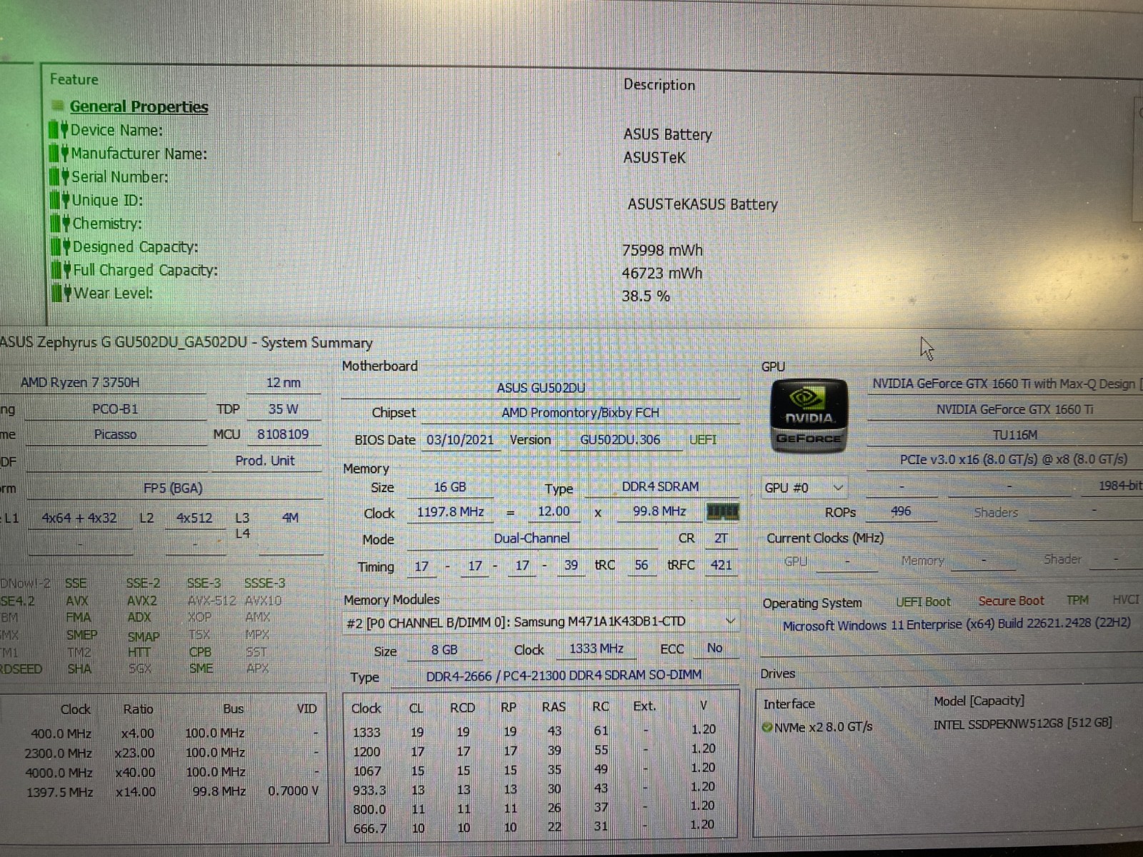 ROG Zephyrus GU502DU Ryzen 7 3750H GTX 1660Ti 512GB NVMe 16GBRAM Windows 11 Home