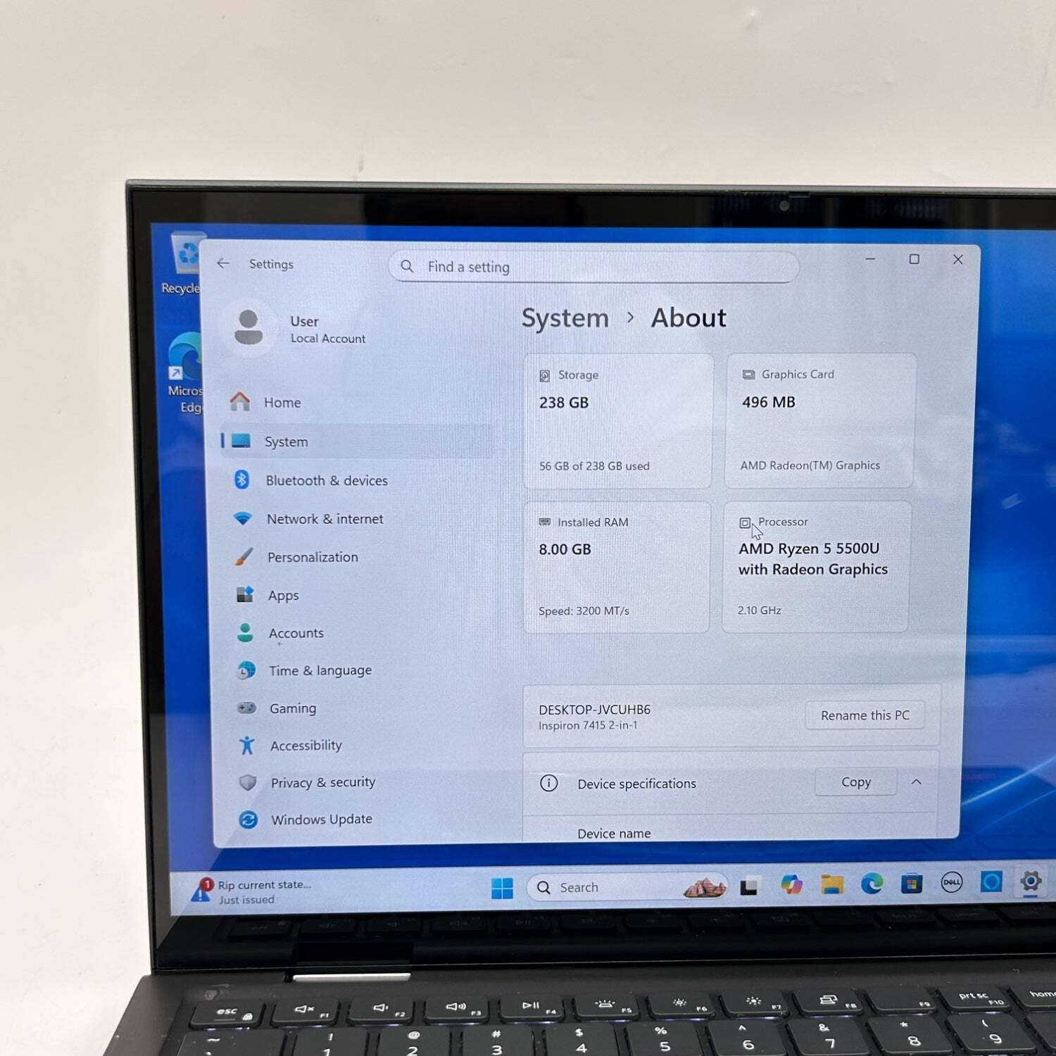 Broken Dell Inspiron 7415 2-IN-1 Ryzen 5 5500U 8GB RAM 256GB SSD Hinge Damage