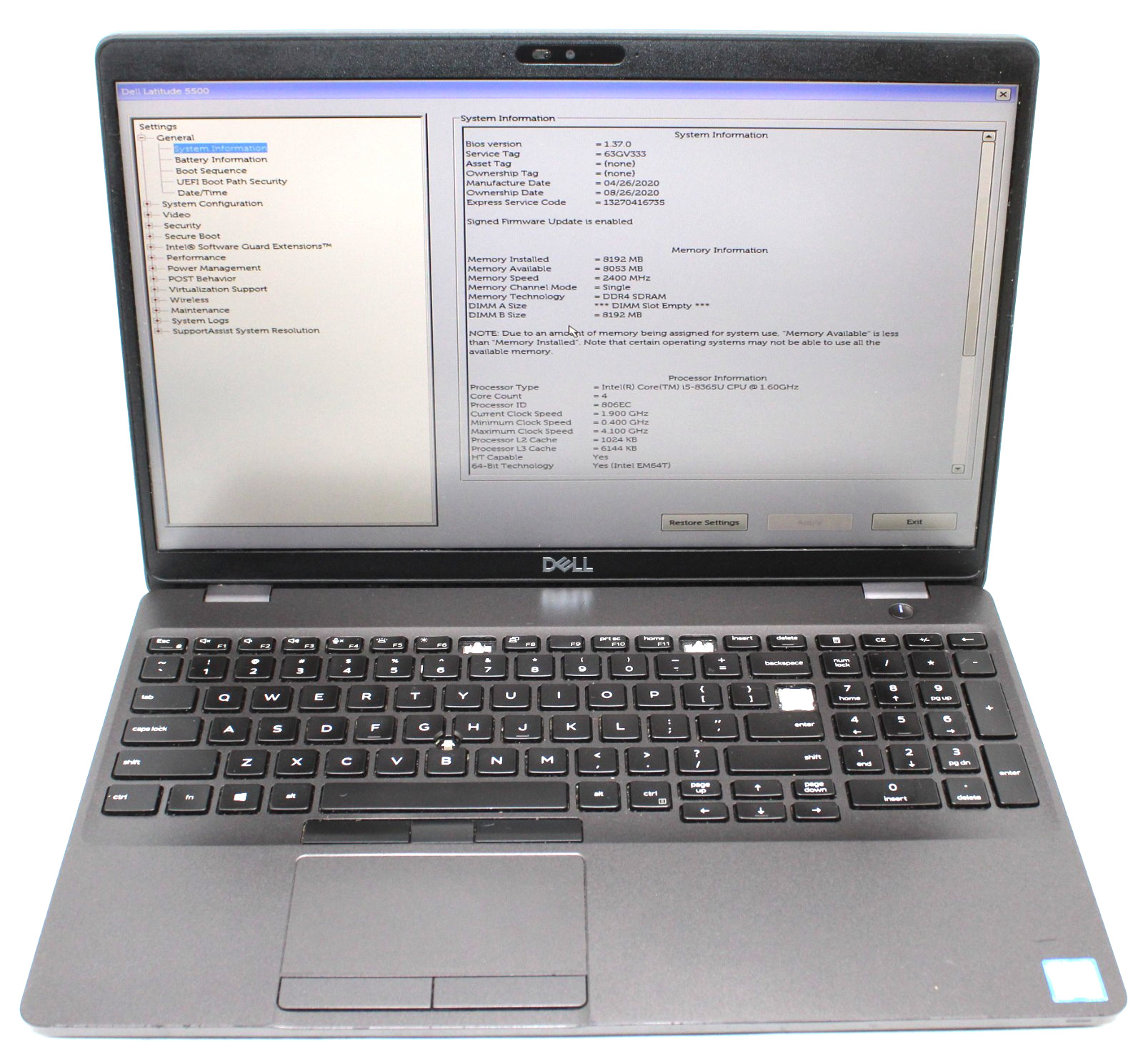 15.6″ Dell LATITUDE 5500 Laptop i5-8365U @ 1.60GHz 8GB DDR4 RAM no SSD *C*