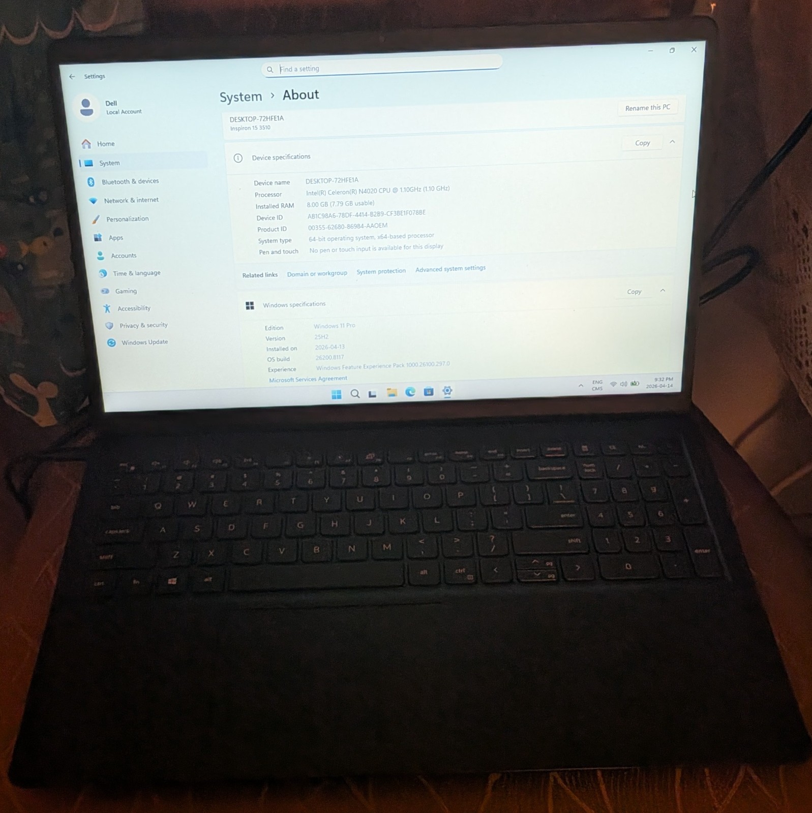 Dell Inspiron 15 3510 Intel Celeron N4020/8GB/256GB NVME/1TB HDD (See Notes)