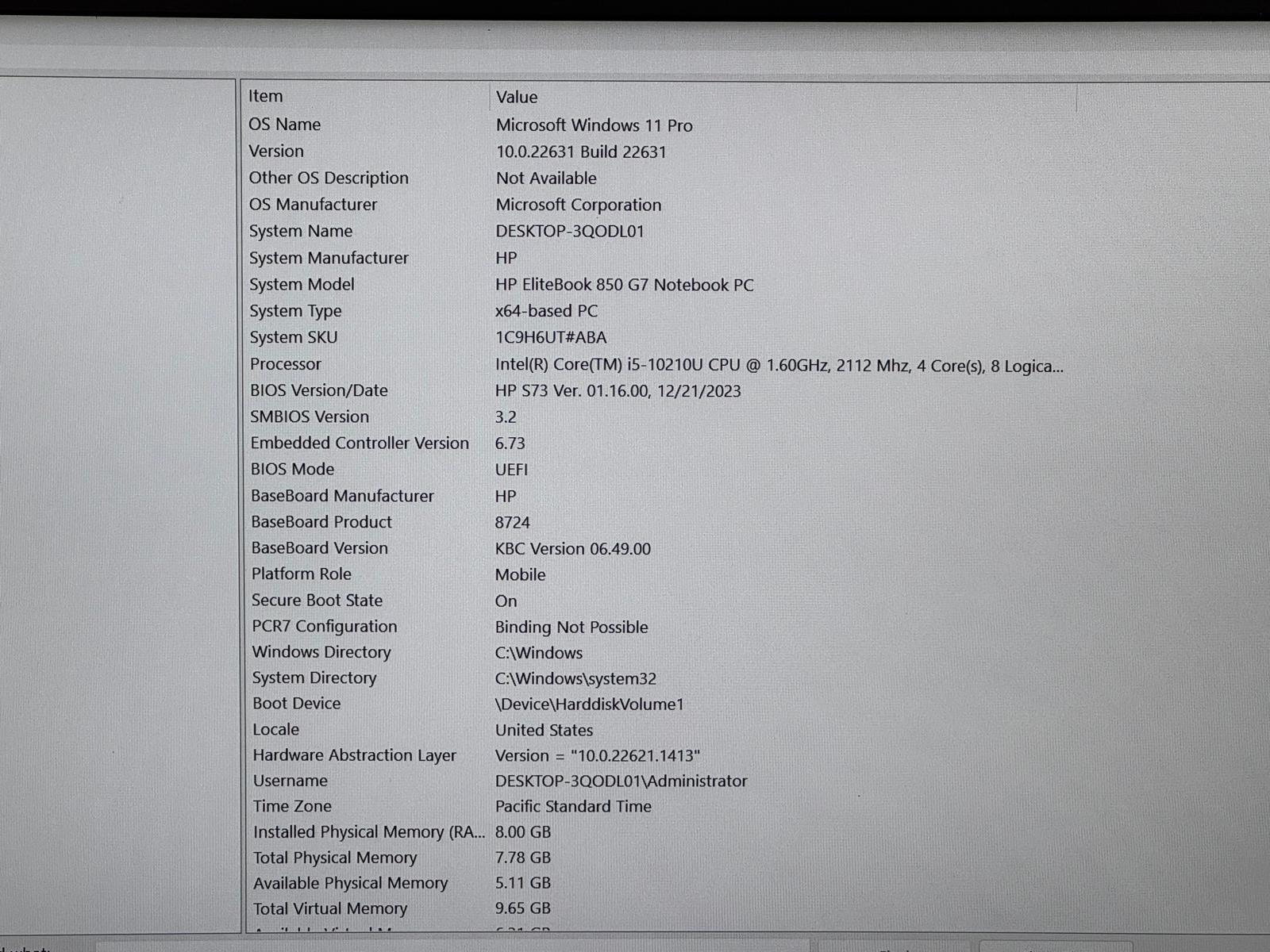 HP ELITEBOOK 850 G7 15.6″ I5-10210U @1.60GHz 8GB RAM 256GB Nvme