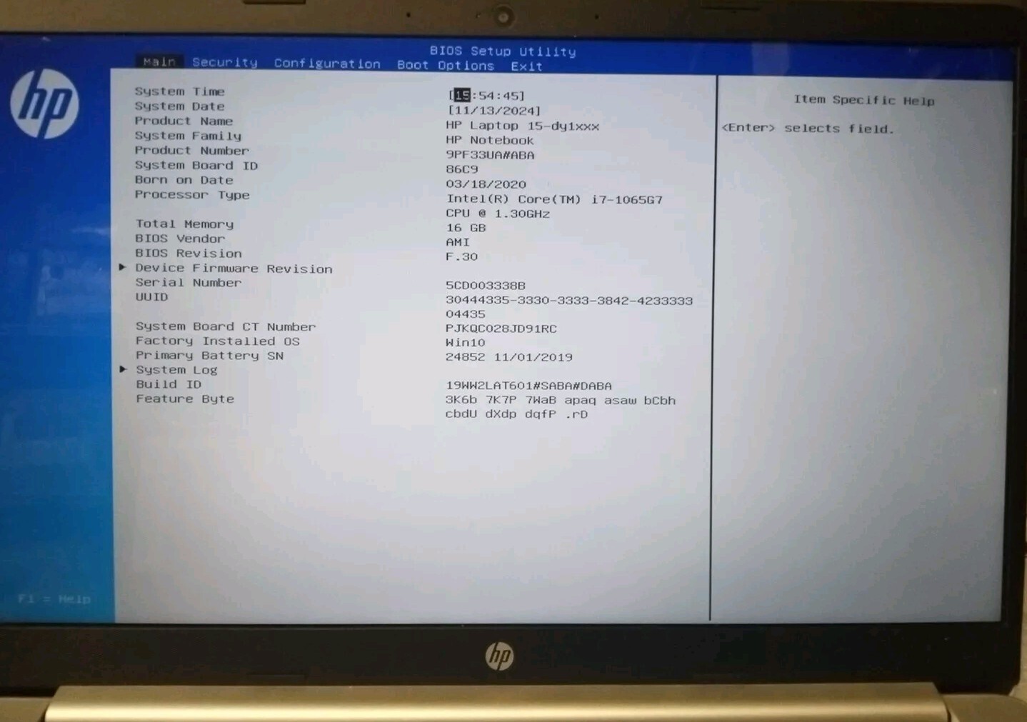HP Notebook 15-dy1027od Silver i7-1065G7 @1.3 GHz 16GB RAM 256GB SSD