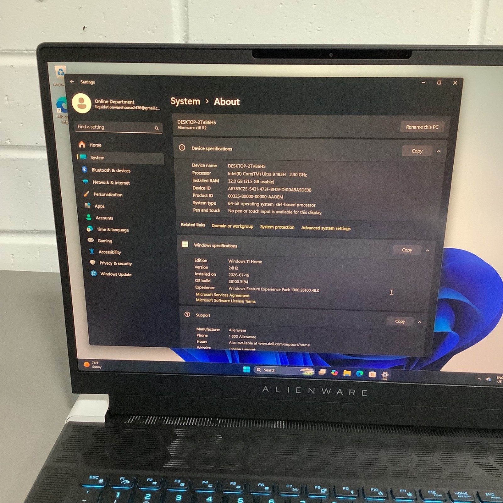 Alienware X16 R2- (32GB 1TB SSD), Intel core Ultra 9 185H