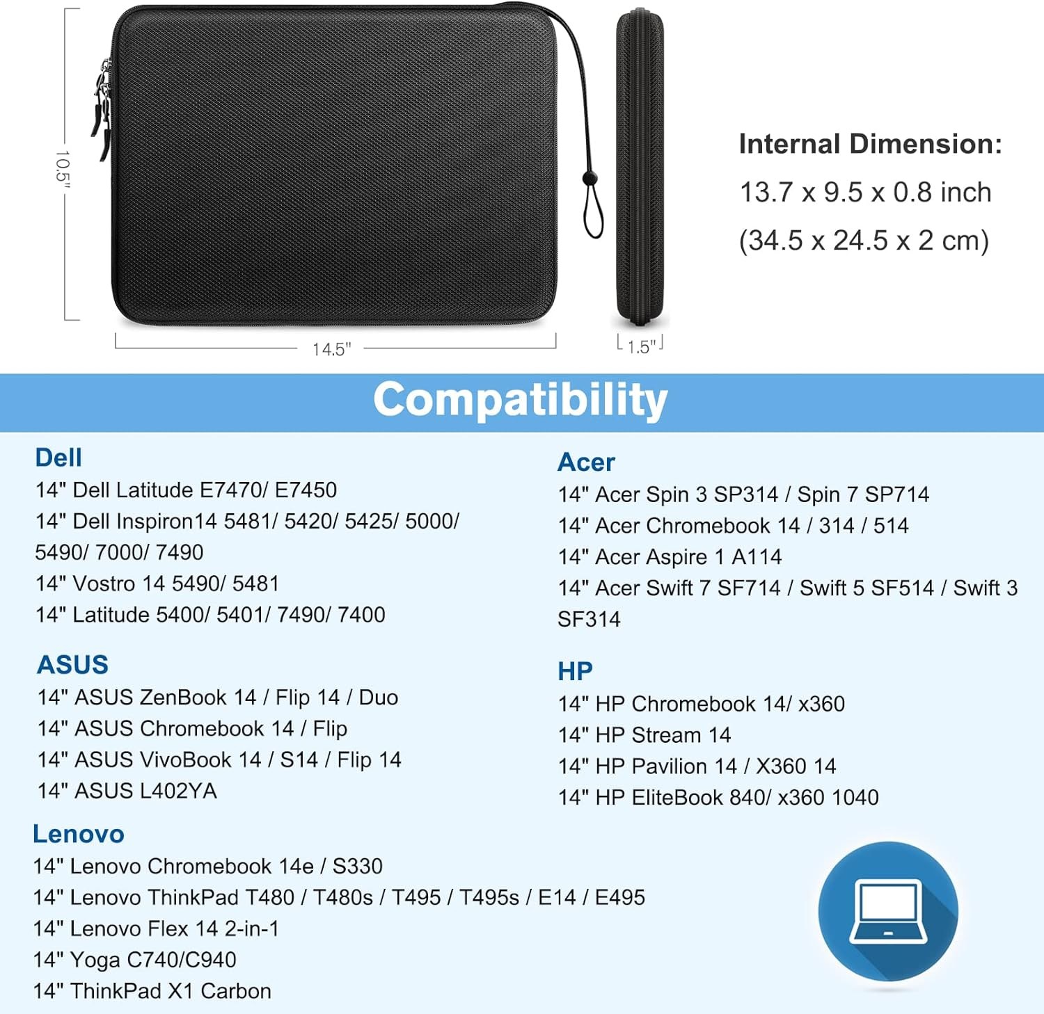 14-inch Hard Laptop Sleeve Case for Acer Chromebook, Lenovo, HP, ASUS, Dell