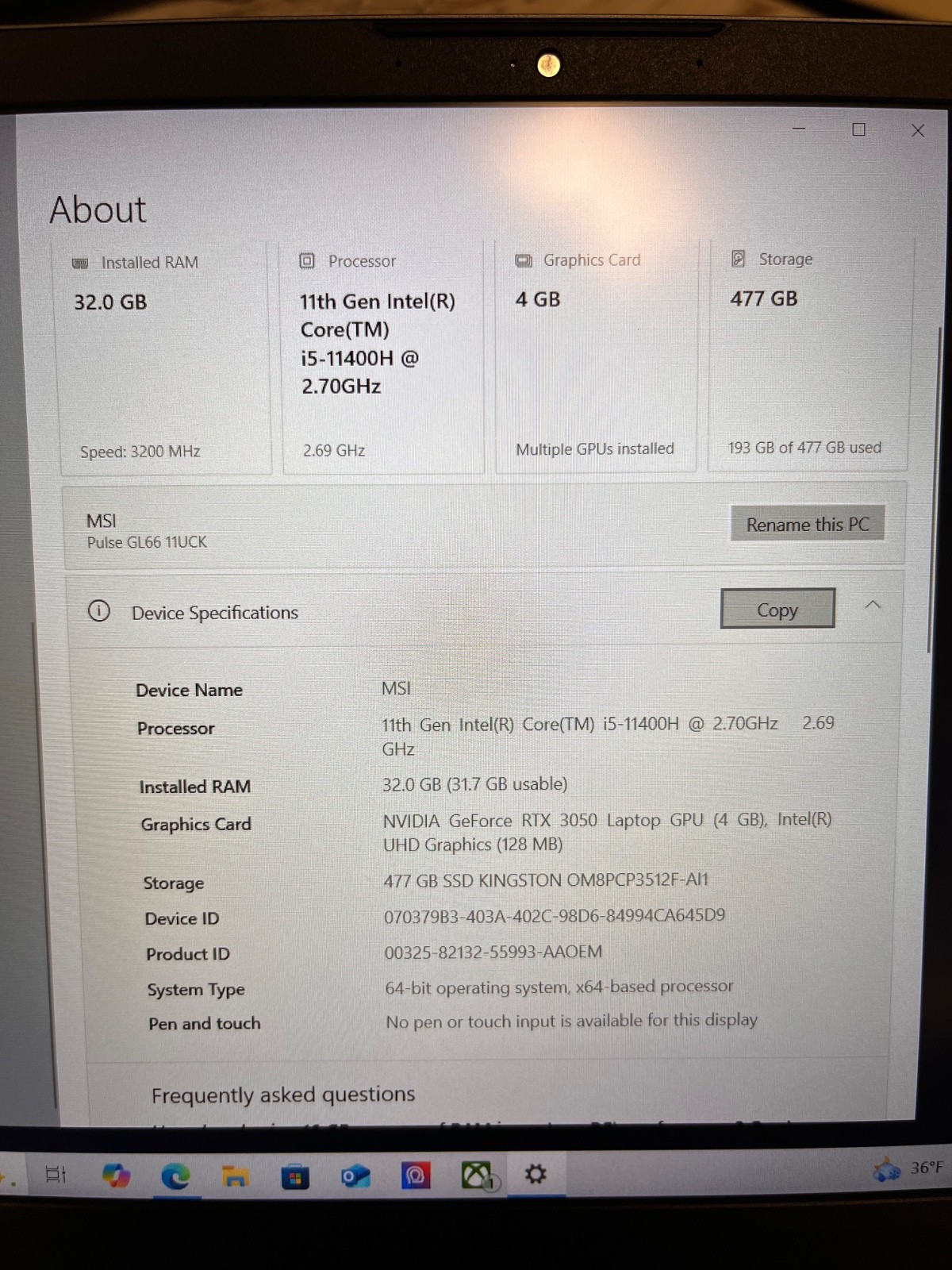 MSI Pulse GL66 15.6″ i5-11400H 32gb RAM 512GB SSD GeForce RTX 3050 (READ DESC)