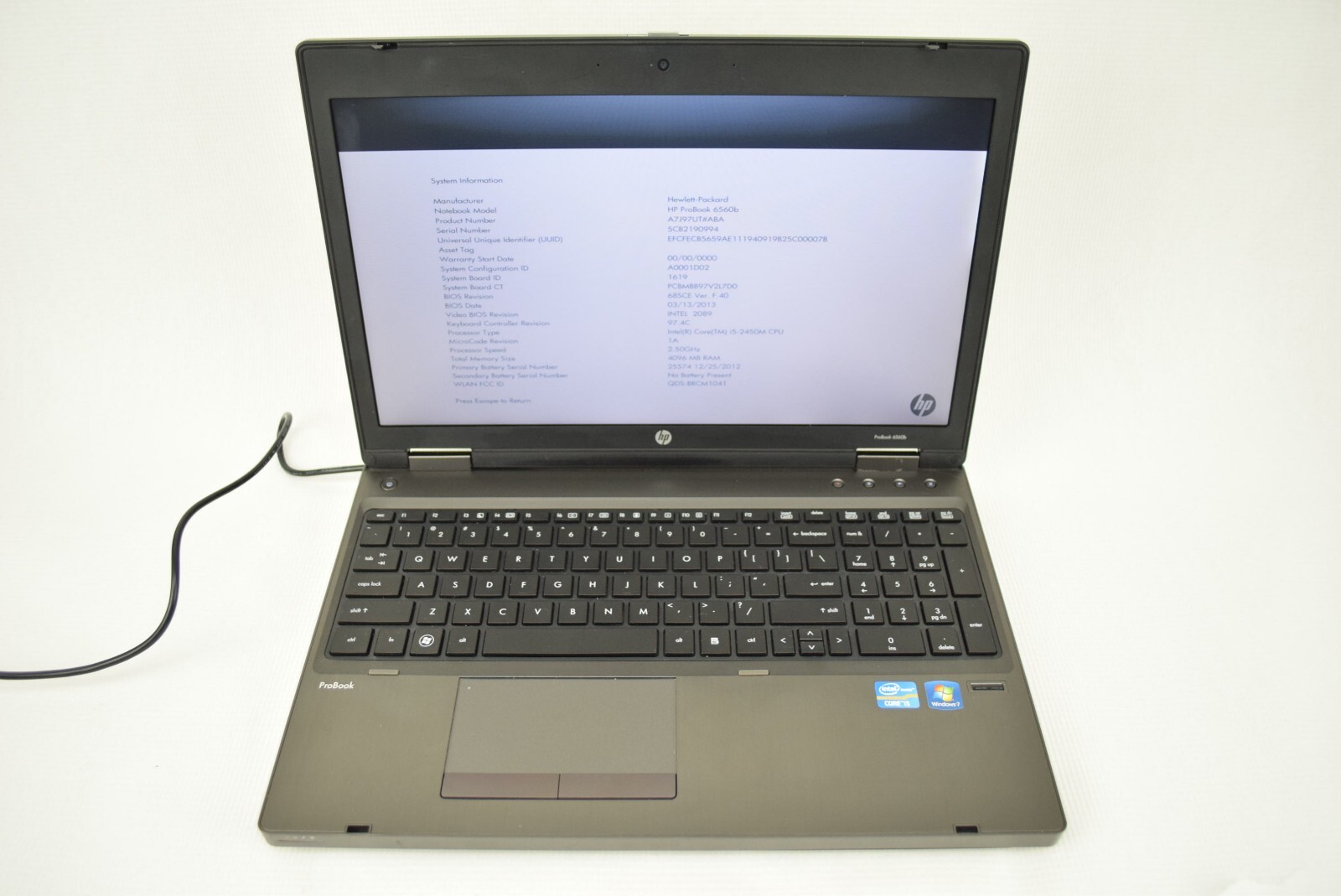 HP 6560b Intel Core i5-2450M 2.50 GHz 4GB Laptop Computer NO HDD NO OS