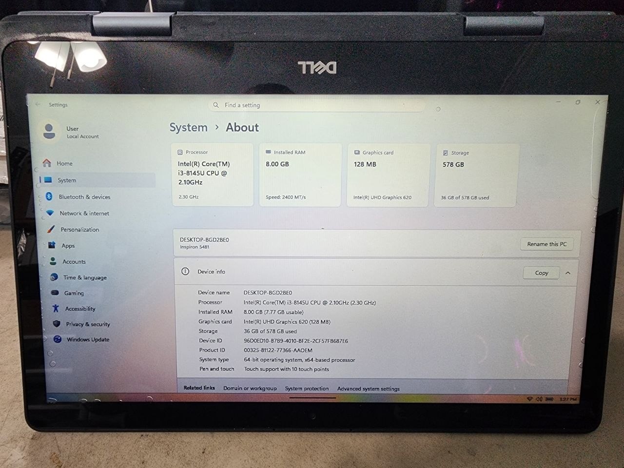 Dell Inspiron 5481 Laptop i3 8145U 2.1GHz 8GB 500GB HDD Win11 Touch Screen DMG