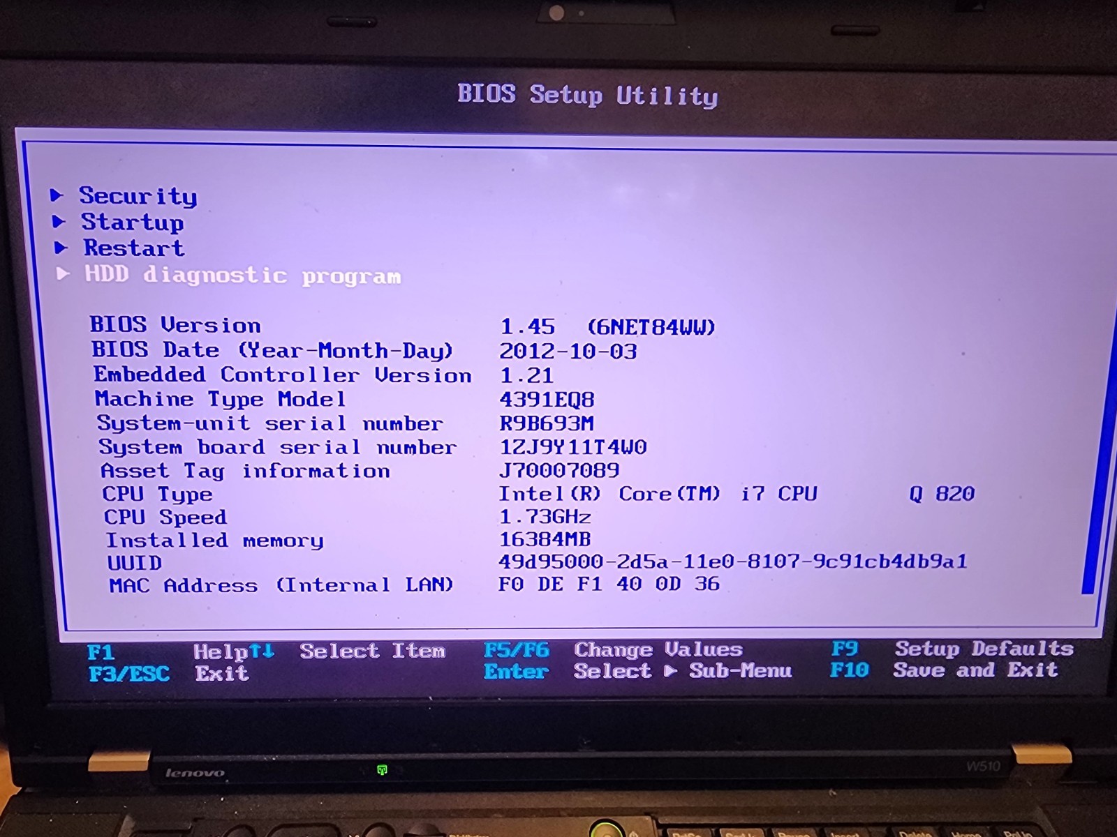 Lenovo Thinkpad W510 i7-q820@1.73ghz 16GB RAM, No Hdd