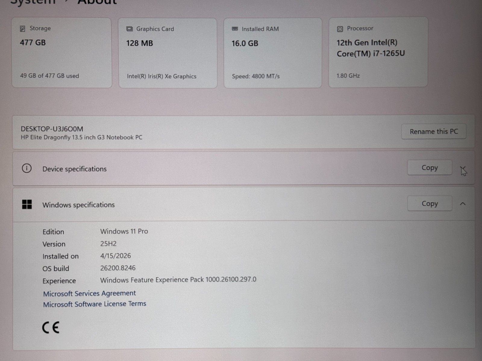 HP ELITE DRAGONFLY G3 i7-1265U 512GB SSD 16GB RAM Windows 11 Pro