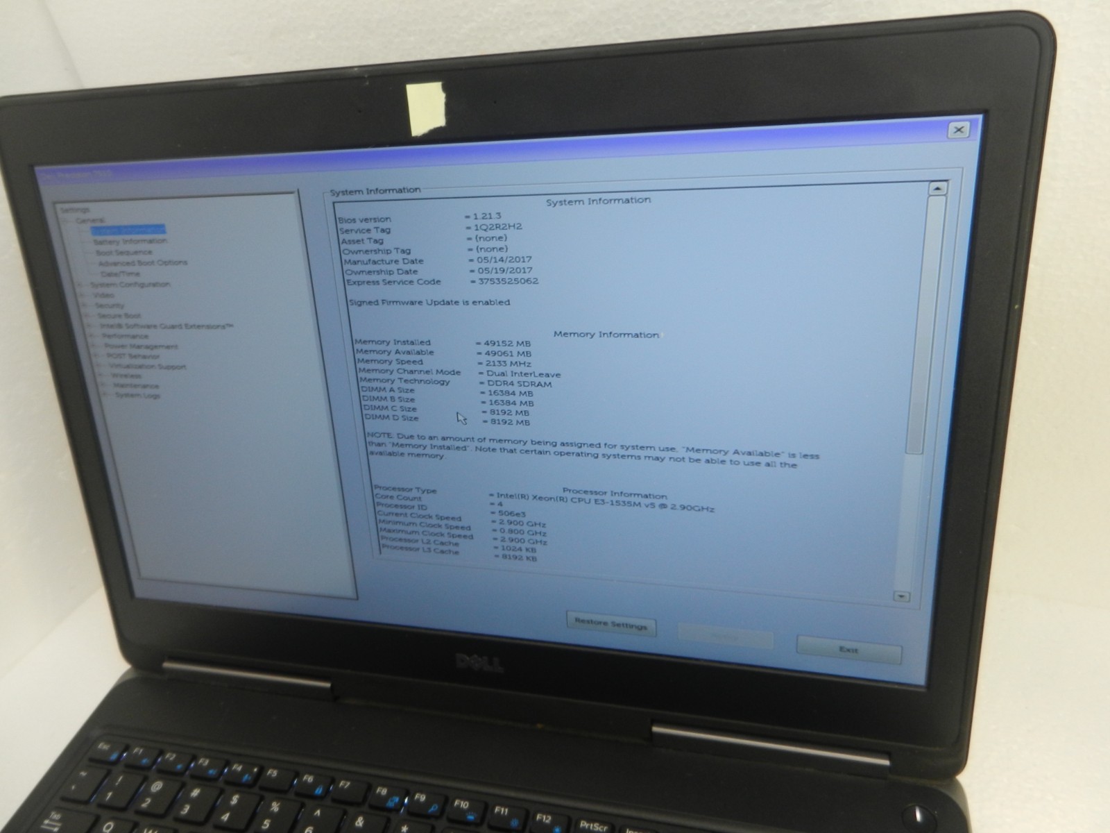 Dell Precision 7510 Xeon E3-1575M v5 @ 2.90Ghz / 48GB / NO HDD – boots to bios