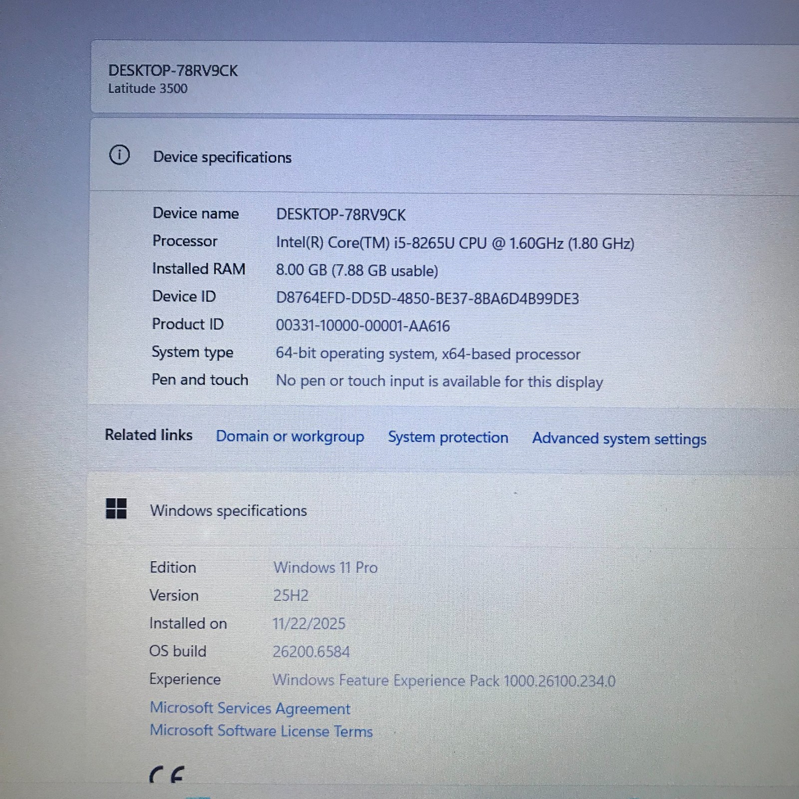Dell Latitude 3500 15.6″ i5-8265u 1.6GHz 8GB RAM 256GB M.2 SSD (Windows 11 Pro)