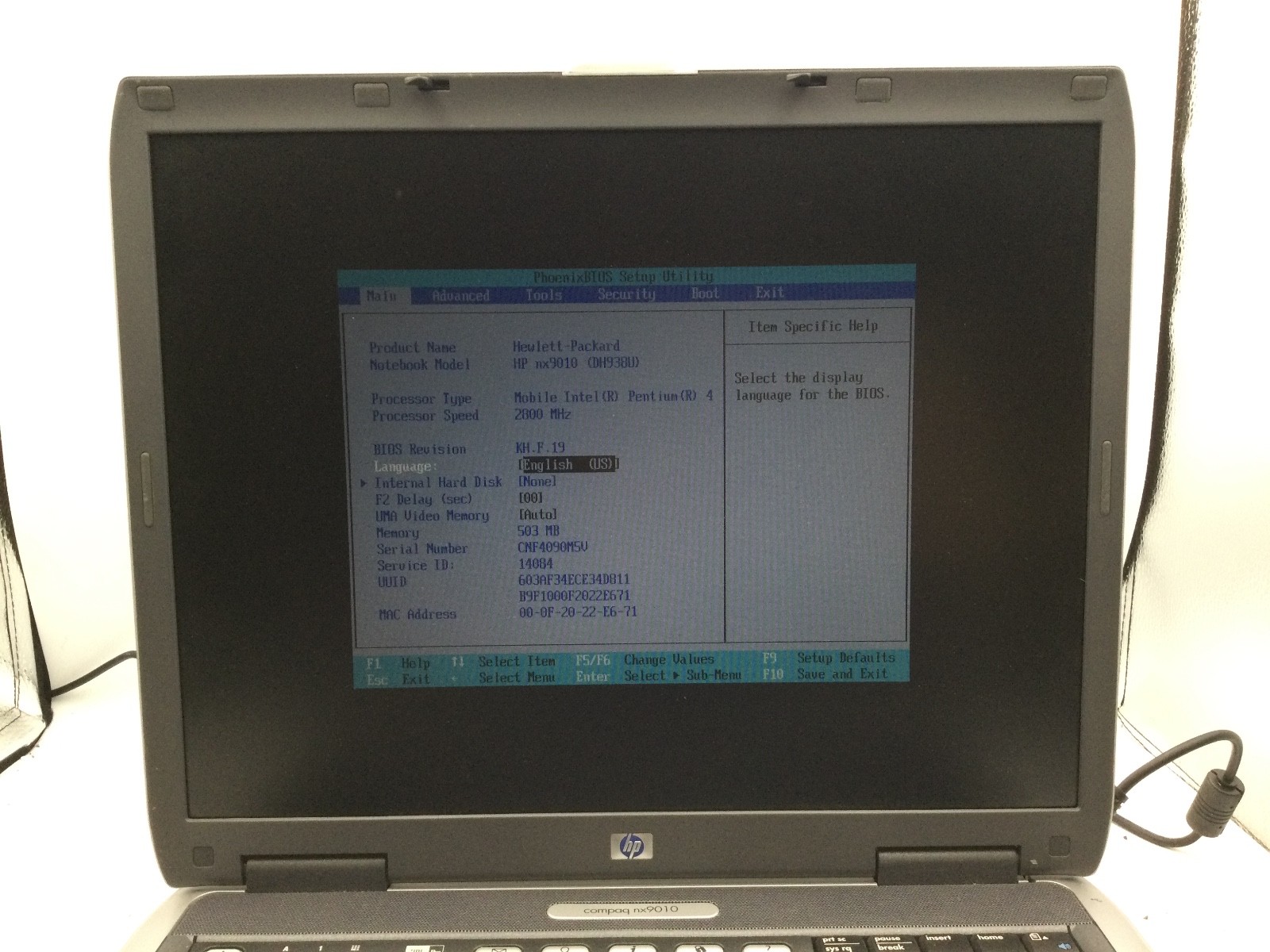 HP COMPAQ NX9010 – BOOTS TO BIOS – INTEL PENTIUM 4 – 500MB RAM – 14″ – READ – BB