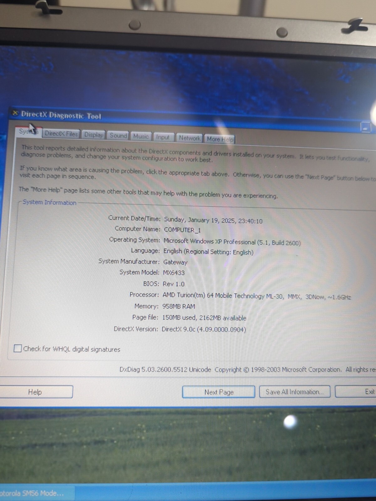 Gateway Mx6433 Laptop (xp-50gb Ssd-1gb Ram-200m Gpu-dvd)